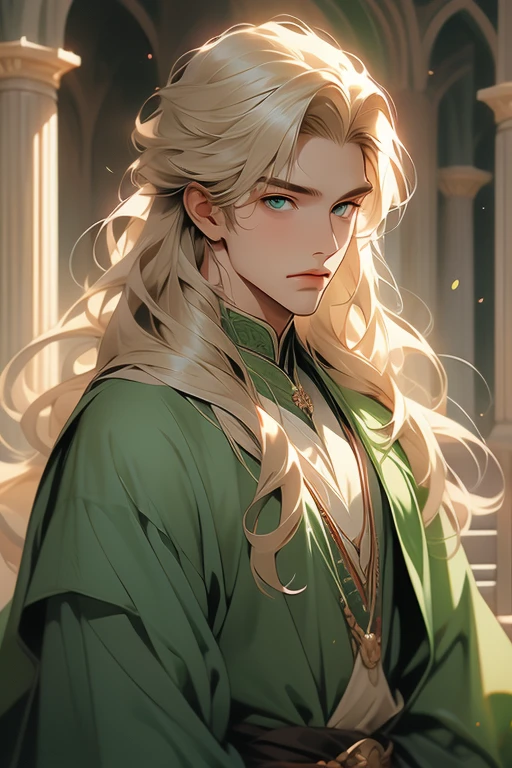 handsome masculine man, green eyes, ash blond hair, shoulder length long hair, green medieval noble clothes, light skin