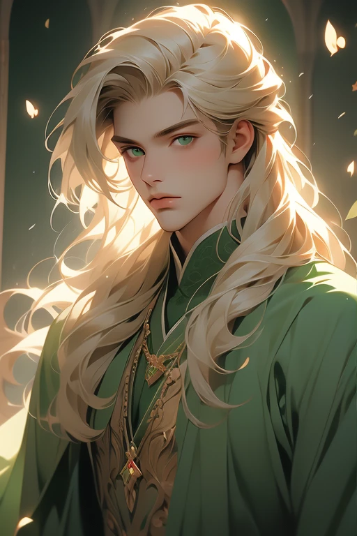 handsome masculine man, green eyes, ash blond hair, shoulder length long hair, green medieval noble clothes, light skin