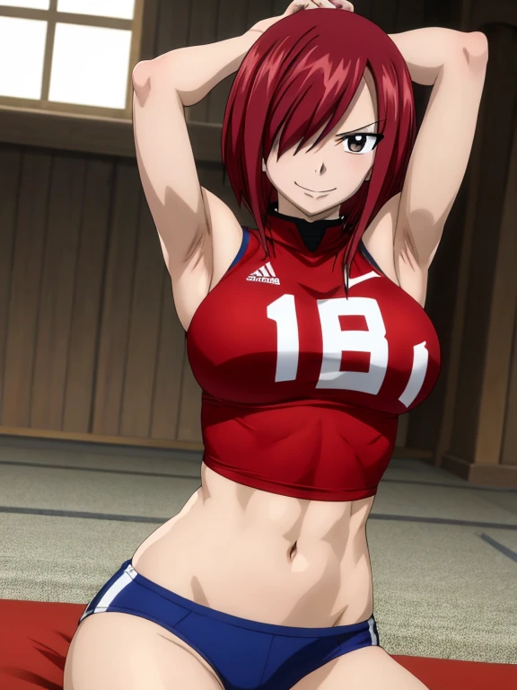 masterpiece, best quality, highres, anime style, anime official art,fairy tail, 1girl, short hair, red hair, messy hair, hair over one eye, brown eyes, seductive smile, large breasts, wearing volleyball jersey, The word "fairy tail" is written on the jersey, cowboy shot, indoors, arms up,armpits, armpits visible, sixpack, abs