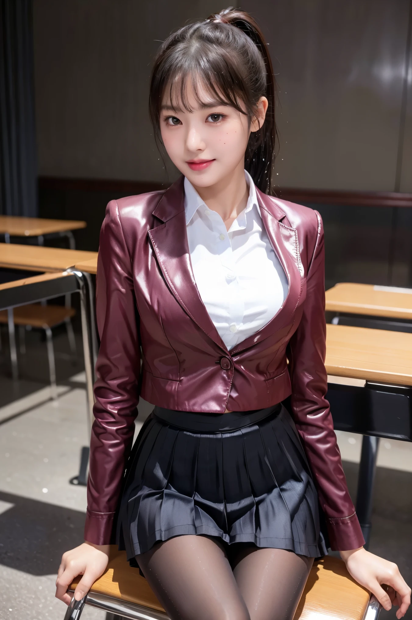 (8k), (highest quality: 1.2), (Realistic), (Realistic: 1.37), Ultra-high resolution, 1 girl, cute, Shiny skin,(Blushing:1.2),smile, Red Lip,Mouth closed, Beautiful details, Beautiful Nose, whole body, Wet Hair, ponytail,Navel exposed,(University Student Uniform:1.2),A simple blazer,(Pleated skirt:1.4),Sit on a chair, (shiny natural pantyhose:1.3)