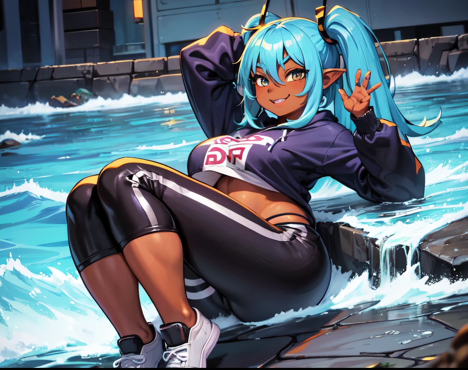 goblin girl, blue hair, very long hair, dark_ skin, dark skin goblin, wide body, very dark skin girl, busty, hair between eyes, twintails, chubby, chubby girl, chubby girl goblin, wide hips, blue eyes, mole, mole on chest, age up, lips, big lips, thick eyebrows, body with fur, tusk, short girl, short goblin girl twintails, short girl, highly detailed, high quality, best quality, 8k, full body, fat, fat girl, fat goblin, smile, casual clothes, pants, sneakers, neckline, waving, lying down, sexy girl, Hoodie