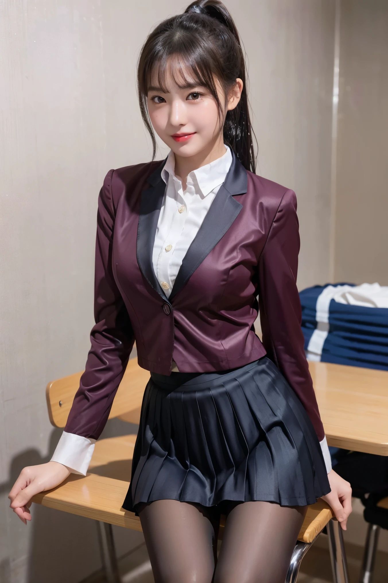(8k), (highest quality: 1.2), (Realistic), (Realistic: 1.37), Ultra-high resolution, 1 girl, cute, Shiny skin,(Blushing:1.2),smile, Red Lip,Mouth closed, Beautiful details, Beautiful Nose, whole body, Wet Hair, ponytail,Navel exposed,(University Student Uniform:1.2),A simple blazer,(Pleated skirt:1.4),Sit on a chair, (shiny natural pantyhose:1.3)
