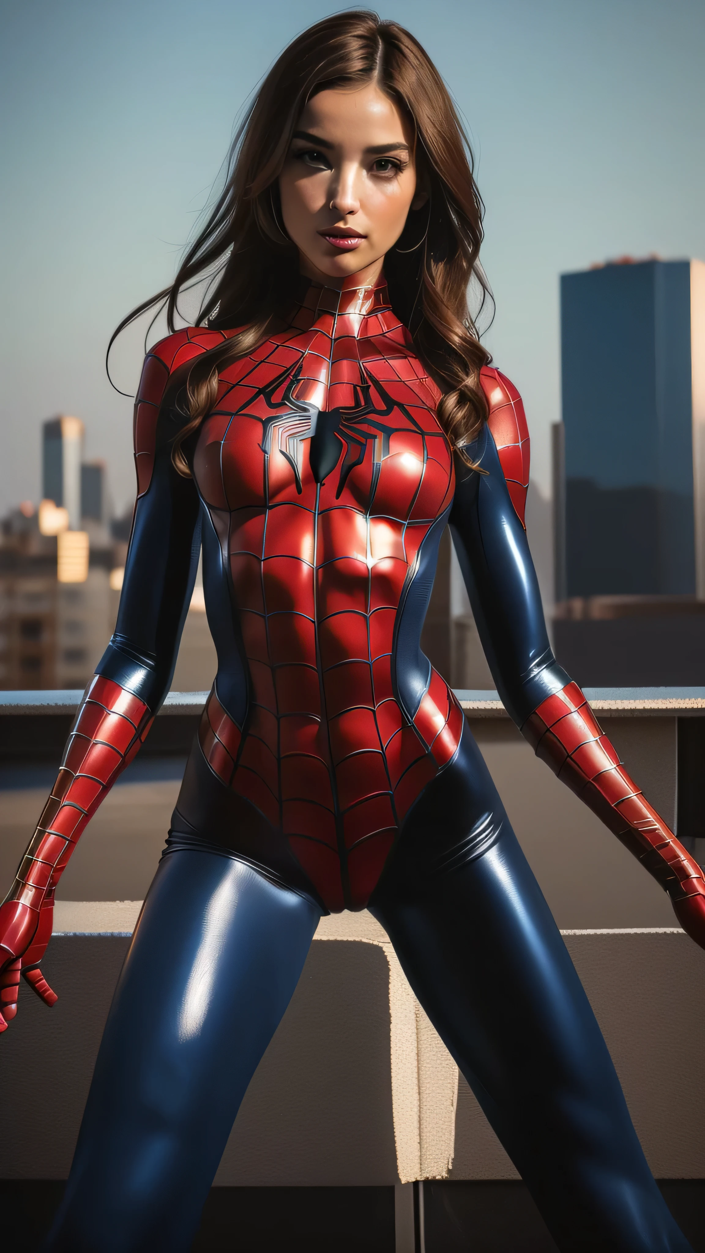 (Spider-Man shiny costume),((legs spread)), legs spread:1.4, cameltoe:1.4, (((shiny latex suit))), ((Emily Willis)), (((exposed breasts, show nipples))), costume dissolving1.2, bright eyes, ((costume is disappearing from her chest to her vagina)), smile, cameltoe:1.5Beautiful woman detailed defined body, ((spider man cosplay)), small breasts, ((breasts popping out)), thigh gap, (exposed midriff) unzipped, auburn hair, narrow waist, wide hips ((bare chest)), (show nipples) (((location is detailed city rooftop))), time of day is night, the costume is removing ((her bare breasts are exposed)), visible nipples, (toned body)