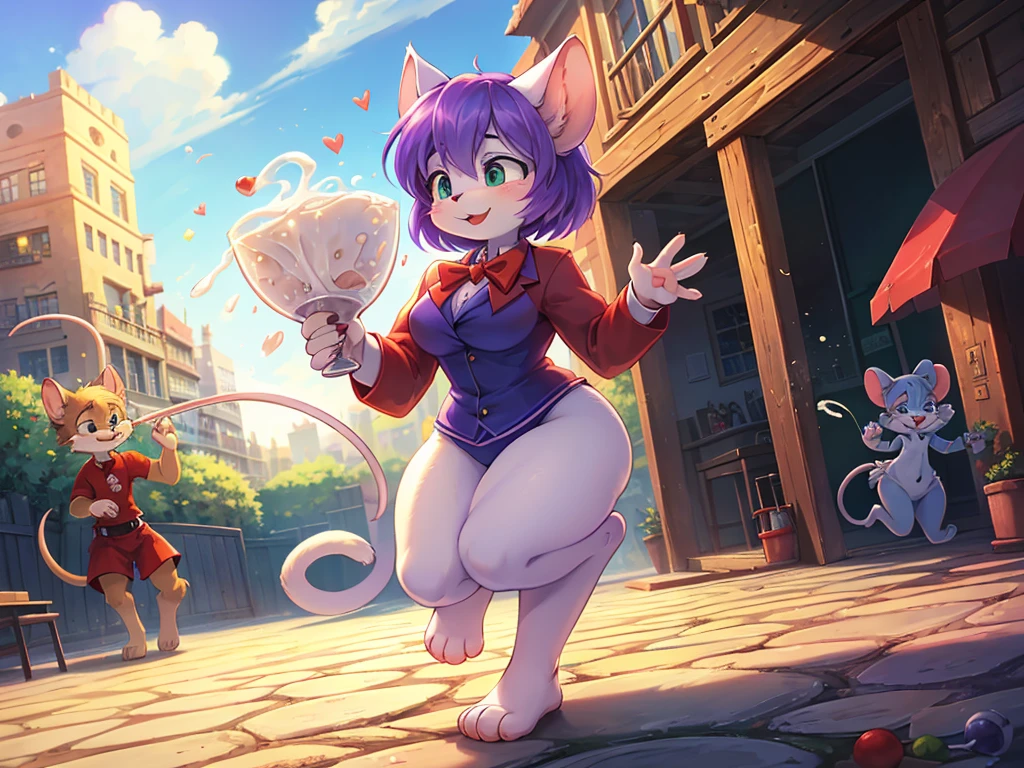 Hallucination, daydream , bokeh , (female cat , big body , short-tempered and a joker , loves milk and is weak in love) , Chasing the Mouse , A comedy cartoon depicting the slapstick antics of a cat and a mouse