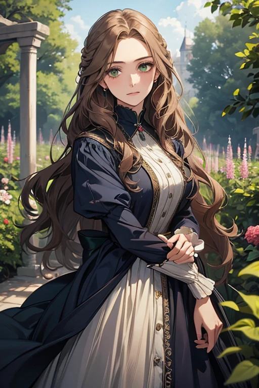 a digital painting of a woman with long brown wavy hair, green eyes, a young noble woman from the 1800's , soft features, navy blue dress, in a garden, portrait style