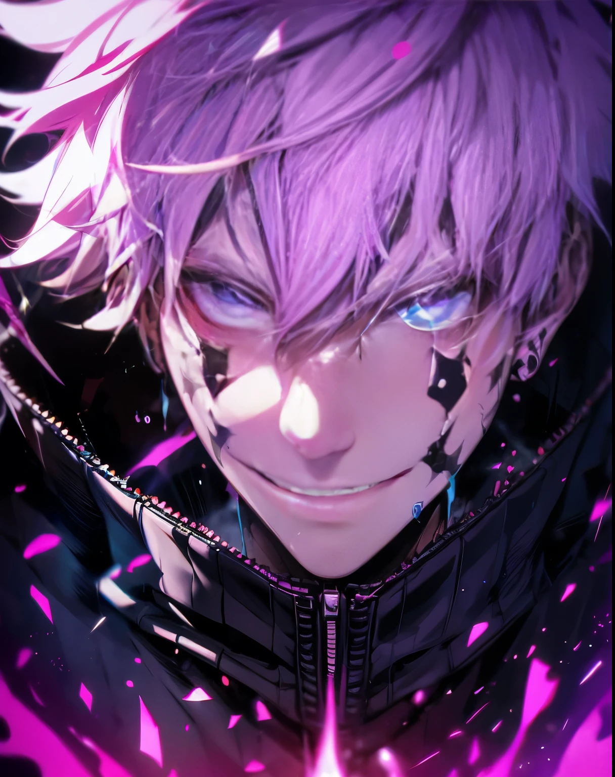 sukuna, pink hairs, face tattoo, creepy smile, in anime adapatation style, using ai style fluid colours