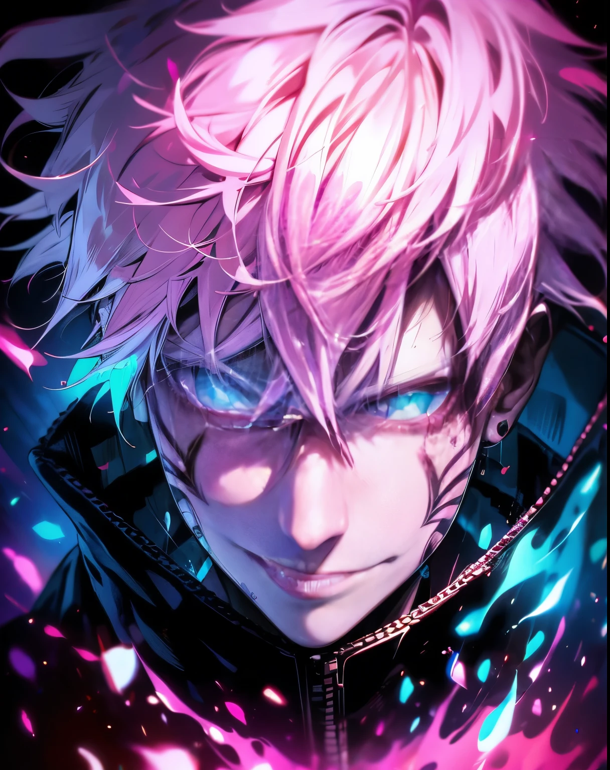 sukuna, pink hairs, face tattoo, creepy smile, in anime adapatation style, using ai style fluid colours