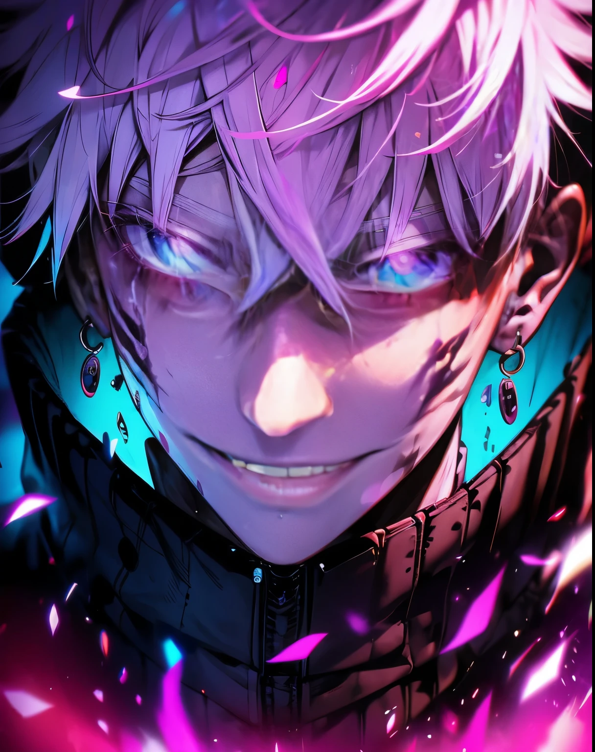 sukuna, pink hairs, face tattoo, creepy smile, in anime adapatation style, using ai style fluid colours
