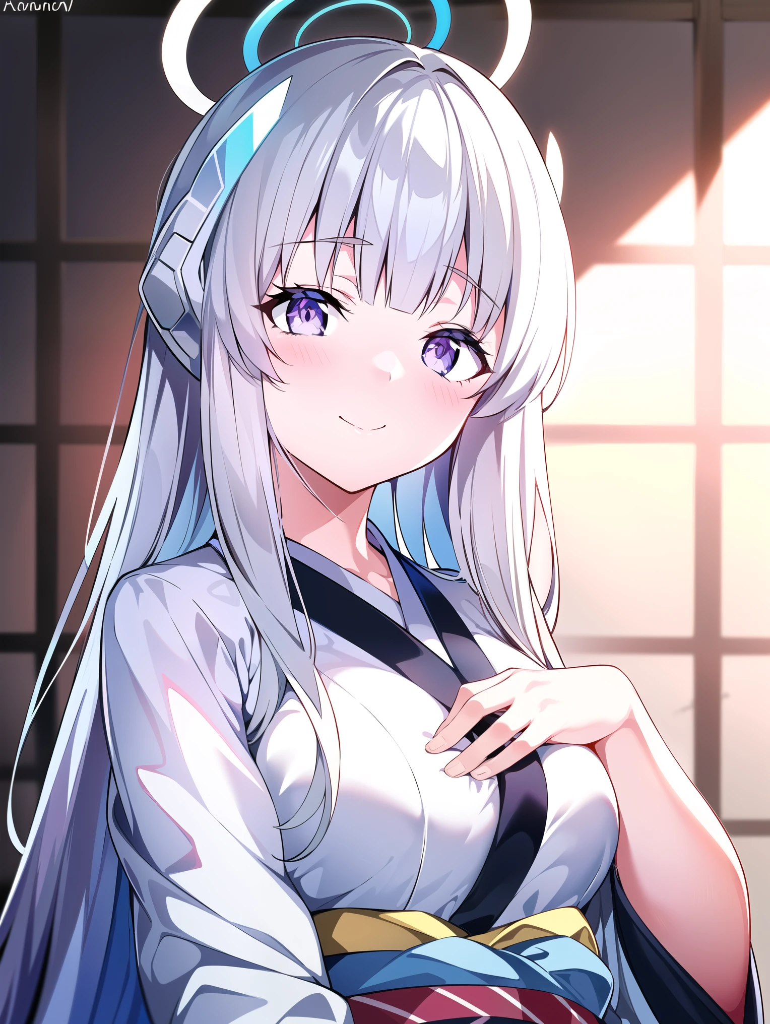 (A peerless beautiful girl), noa(blue archive), aanoa, ushio noa, (8k Ultra HD, Ultra high resolution), (masterpiece:1.3), (((best quality, purple eyes, finely detailed beautiful eyes, Sleepy eyes))), half closed eyes, extremely delicate, breasts up shot, solo, real light and shadow, (standing, closed mouth:1.3), enjoy, (naughty smile), (platinum hair), long straight hair, wide sleeve, white kimono, (mechanical halo), headgear, looking at viewer, hand on chest,