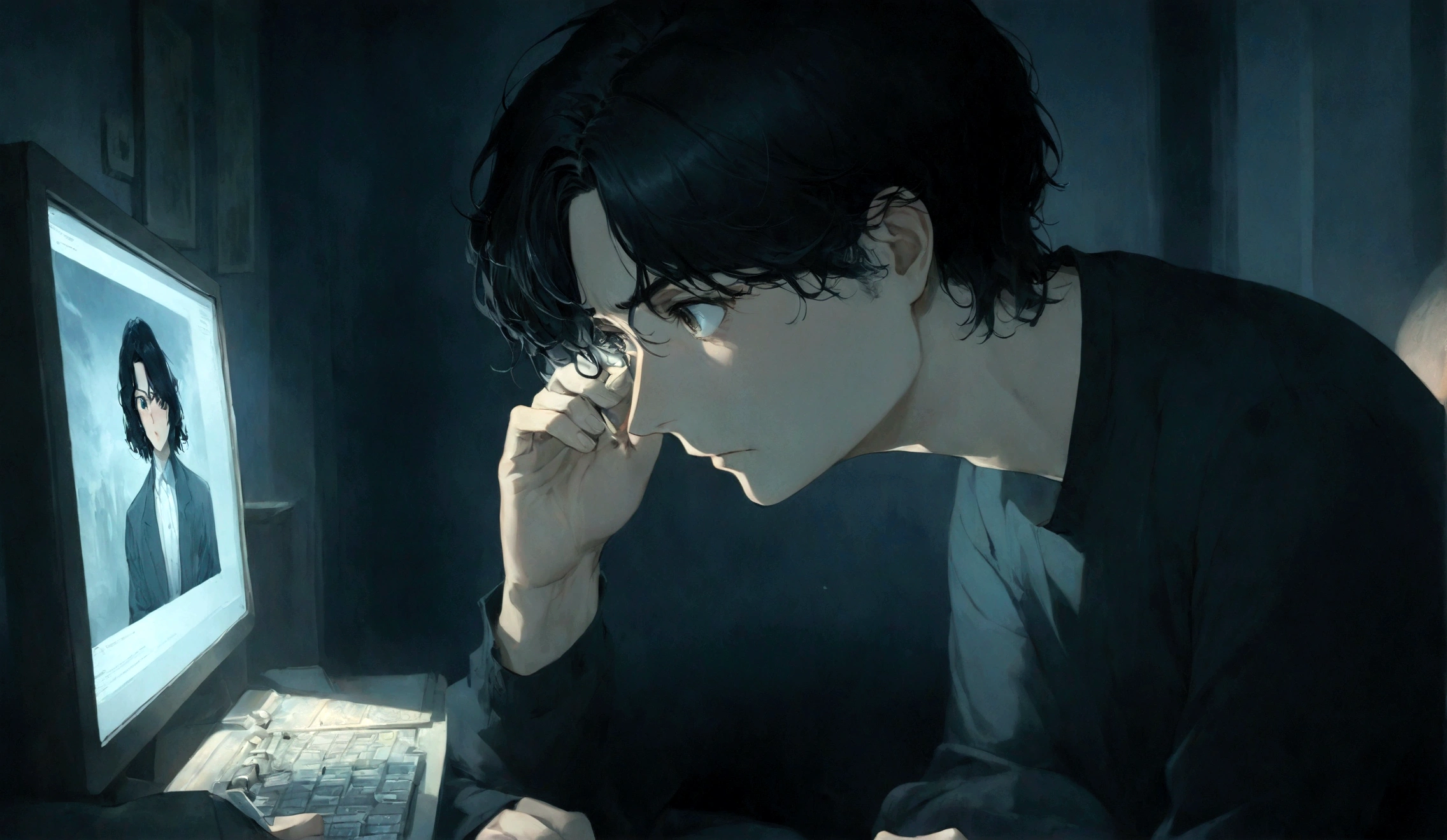 A middle aged man typing on his phone, dimly lit room, looking at the windown, night sky, great art, expression is thoughtful and slightly anxious, hinting at a deeper story. The womman has black hair, slightly curled.