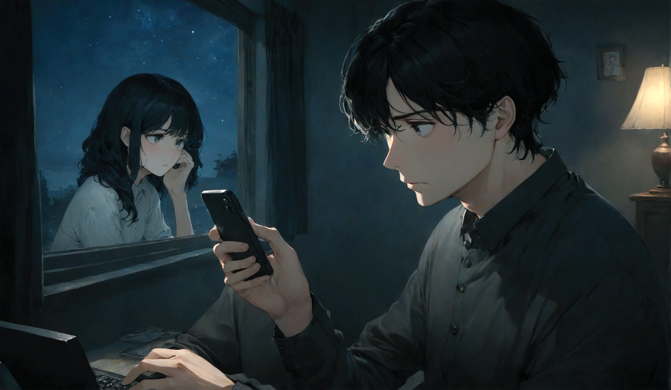 A middle aged man typing on his phone, dimly lit room, looking at the windown, night sky, great art, expression is thoughtful and slightly anxious, hinting at a deeper story. The womman has black hair, slightly curled. 