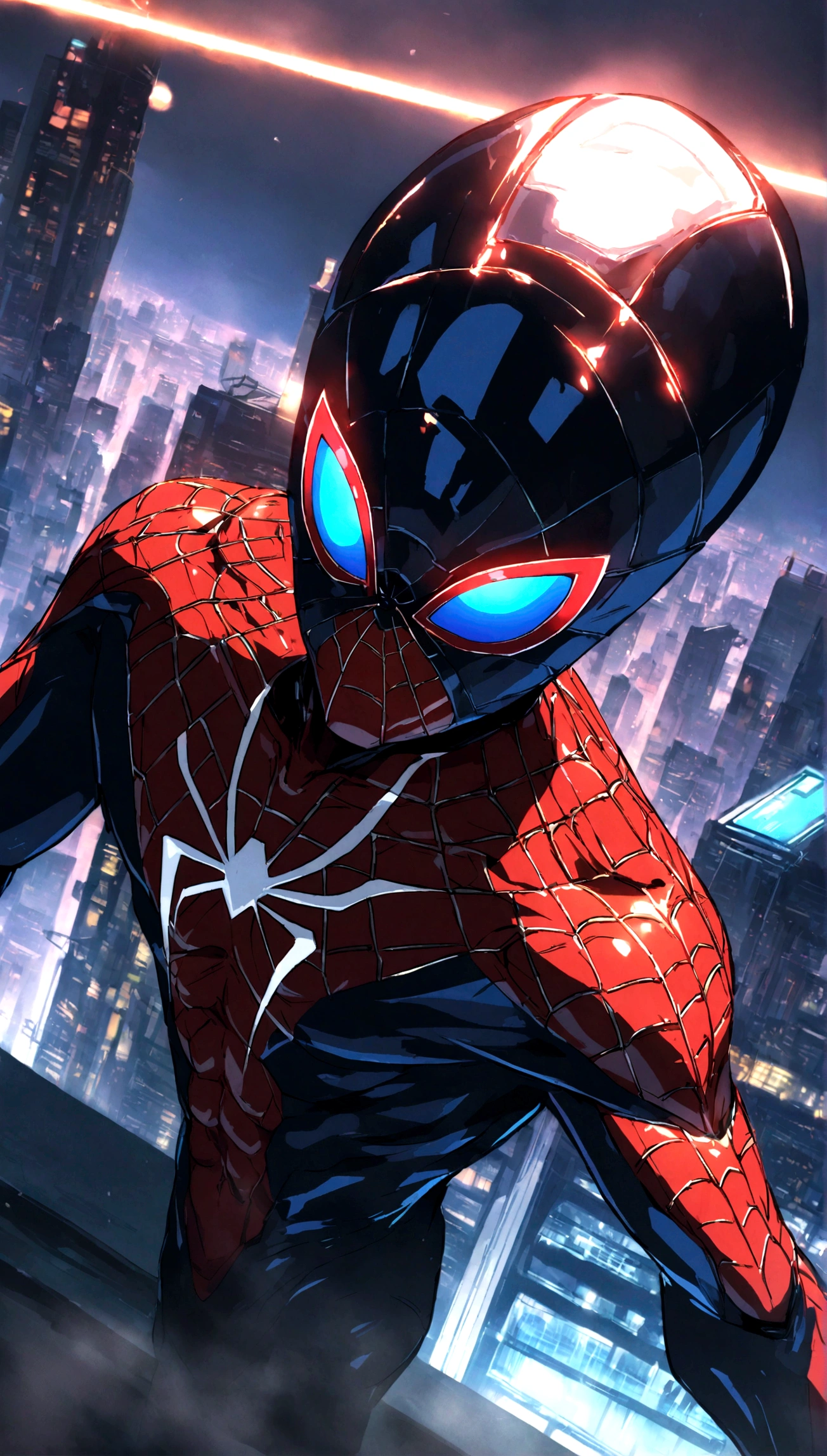 A Spider-Man in Cybernetic City, ultra detail, high resolution, anime, companies
