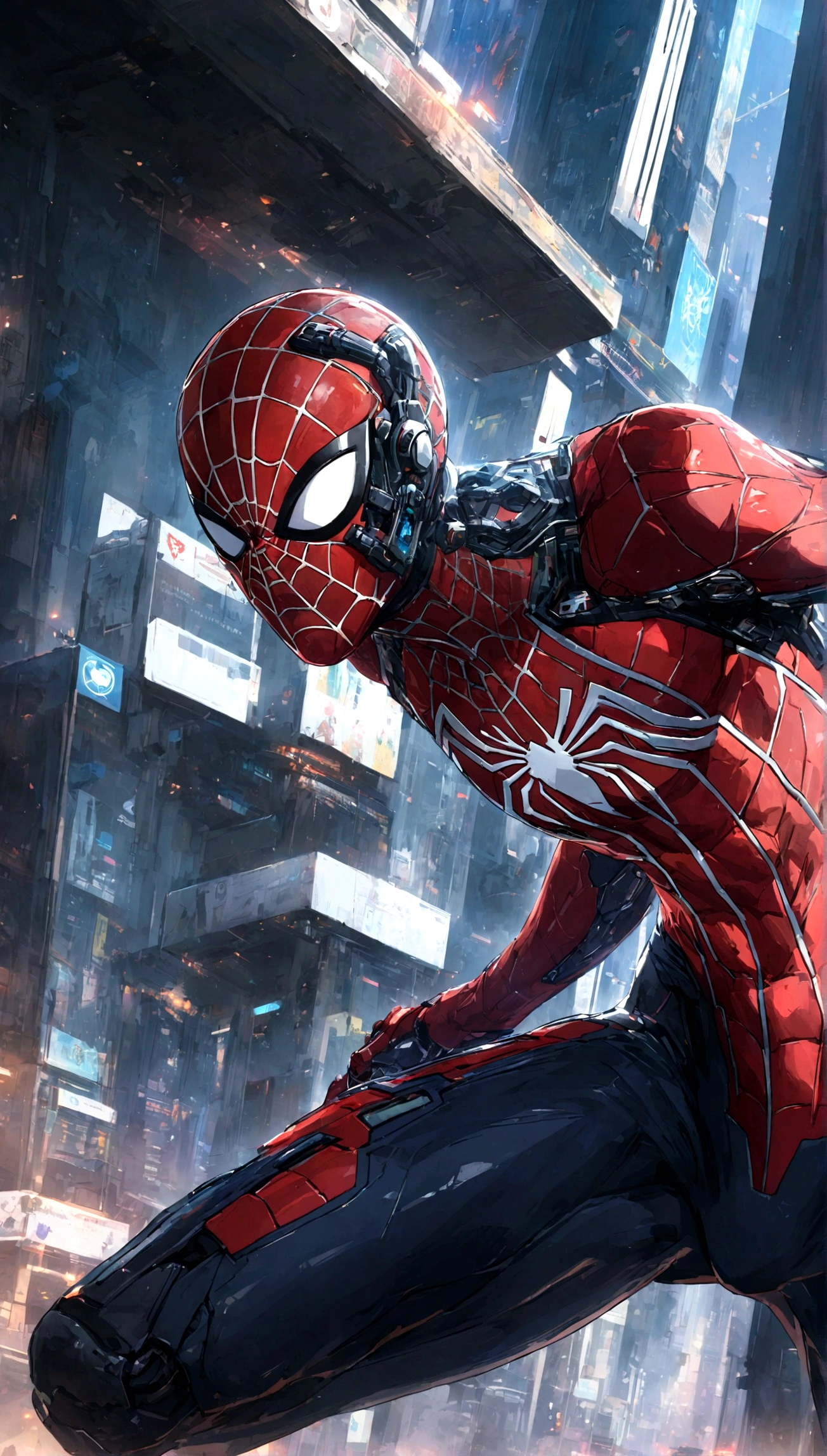A Spider-Man in Cybernetic City, ultra detail, high resolution, anime, companies