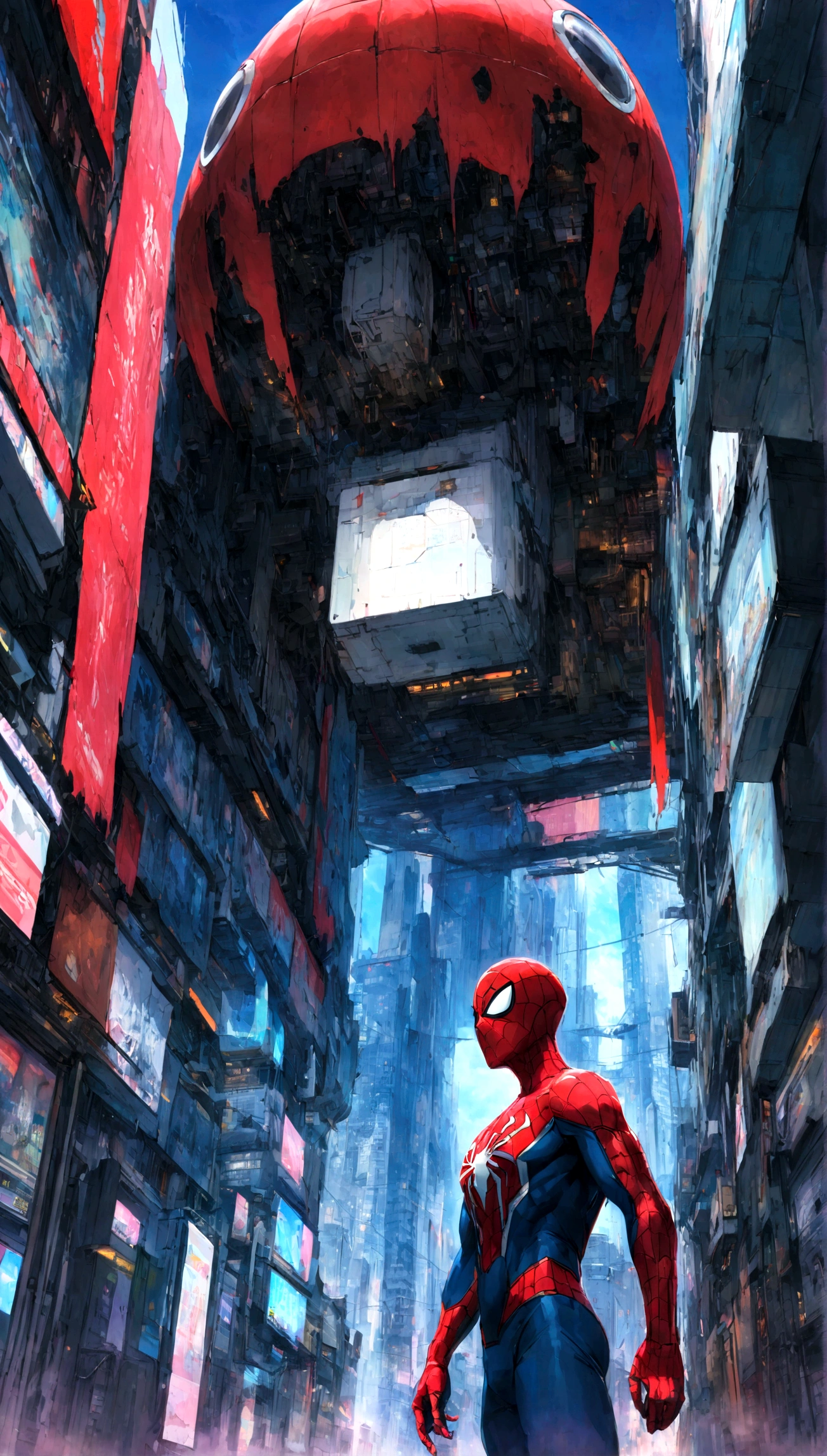 A Spider-Man in Cybernetic City, ultra detail, high resolution, anime, companies
