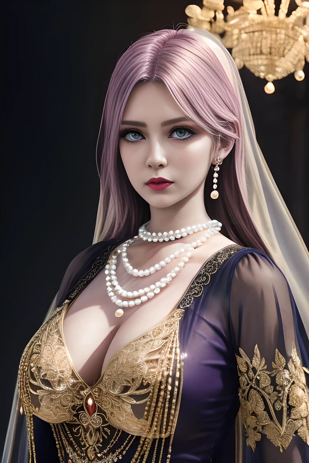 1girl, ice-crystal embellished dress, unclothed body, jewel, lace cloak, fluffs, pearl bodychain, beautiful detailed eyes, beautiful detailed lips, extremely detailed eyes and face, long eyelashes, best quality, 4k, 8k, highres, masterpiece, ultra-detailed, realistic, photorealistic, photo-realistic, ethereal glow, regal elegance, intricate details, luxurious, otherworldly beauty, dark atmospheric background, supernatural aura, elise,