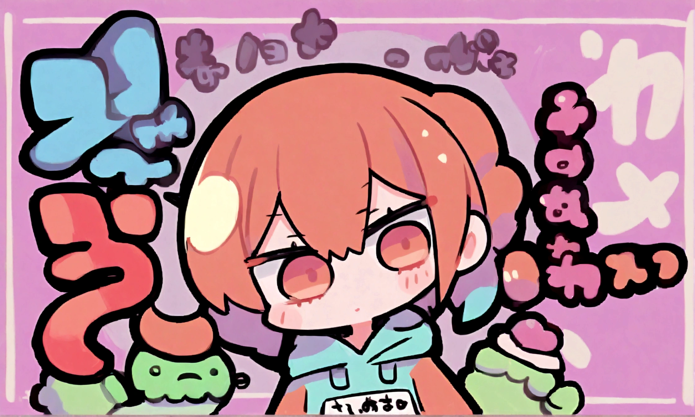a cute chibi style female with reddish orange hair, wearing a hoodie and jeans, the words "Siimbah" in the backround