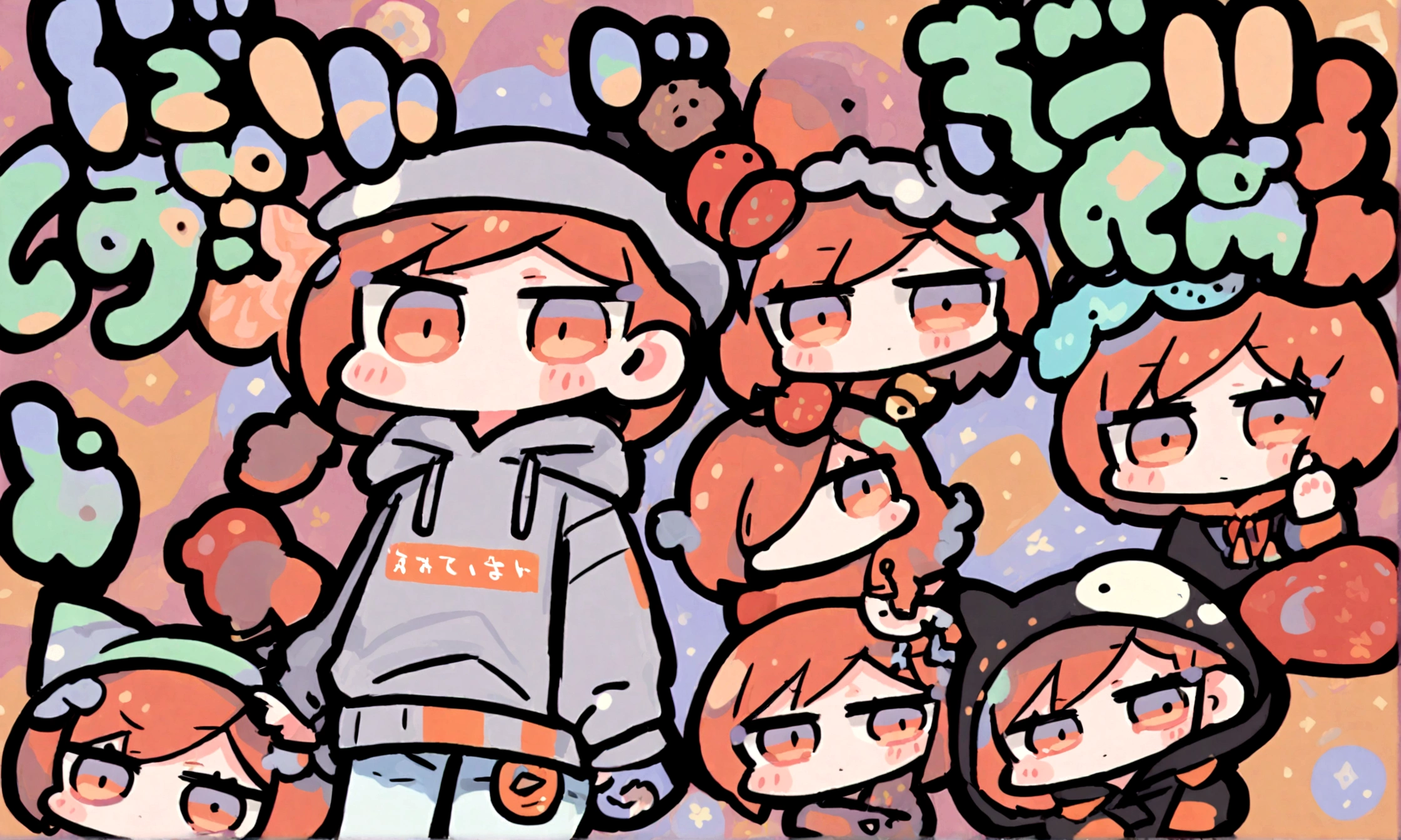 a cute chibi style female with reddish orange hair, wearing a hoodie and jeans, the words "Siimbah" in the backround