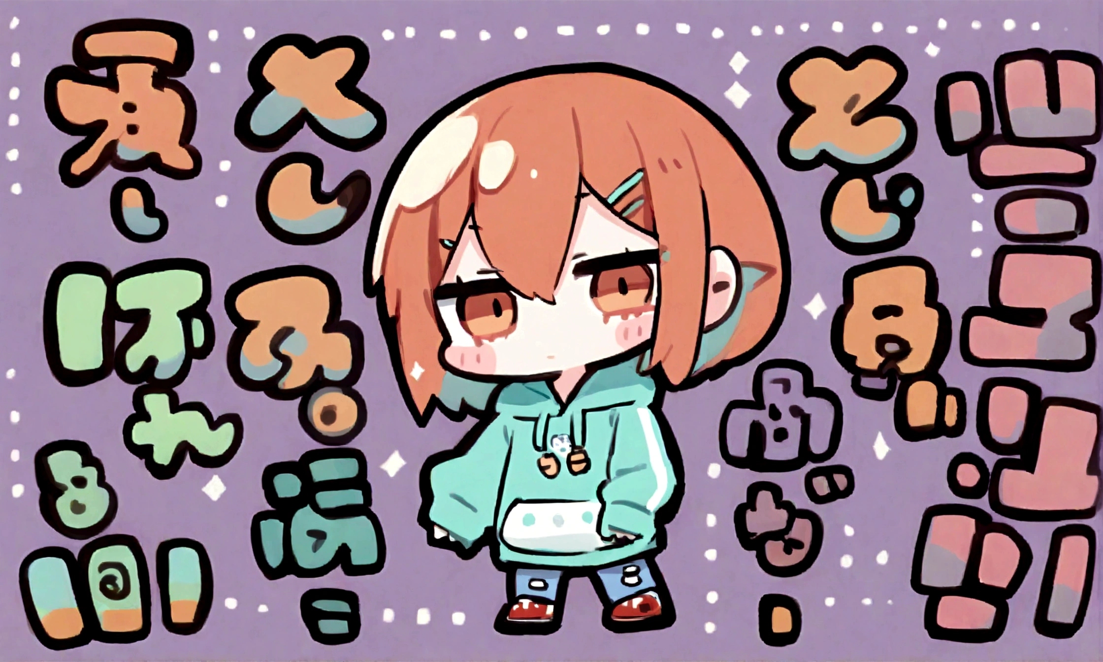 a cute chibi style female with reddish orange hair, wearing a hoodie and jeans, the words "Siimbah" in the backround