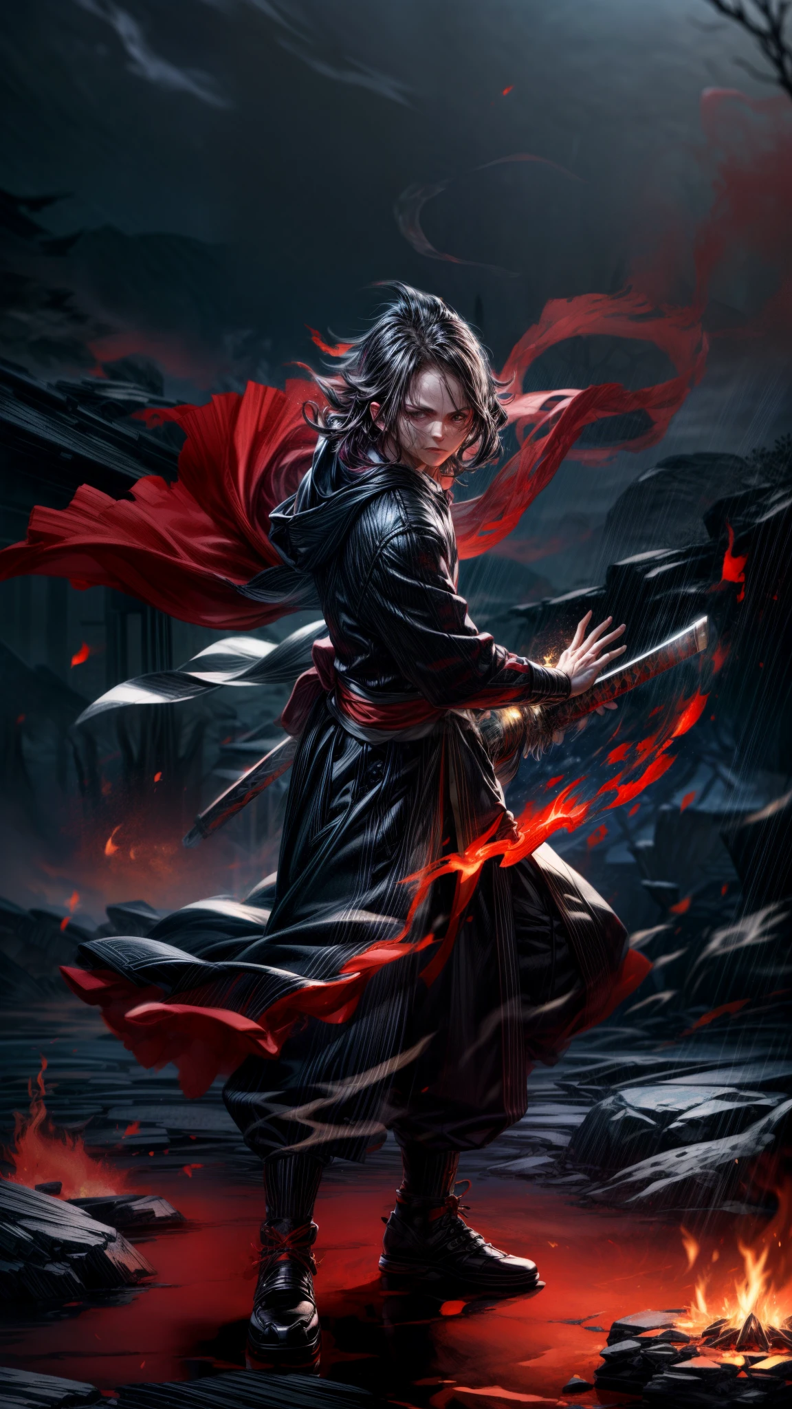 amazing quality, masterpiece, best quality, hyper detailed, ultra detailed, UHD, perfect anatomy, blurry background,
(night:1.2), looking at viewer,
Tanjiro, OriginalOutfit, Scar,Scar on forehead, stride,
wilderness, fog, rocky terrain,
(fighting stance:1.3), (lean forward:1.2), waving sword,
full body, sword with flame, (flame surrounded:1.3), glowing, hands up, (flame vortex:1.2), (flame afterimage:1.2), (motion blur:1.2), (flame around self, flame storm, flame tornado, flame circle:1.2),
battoujutsu,
huoshen, zhurongshi,