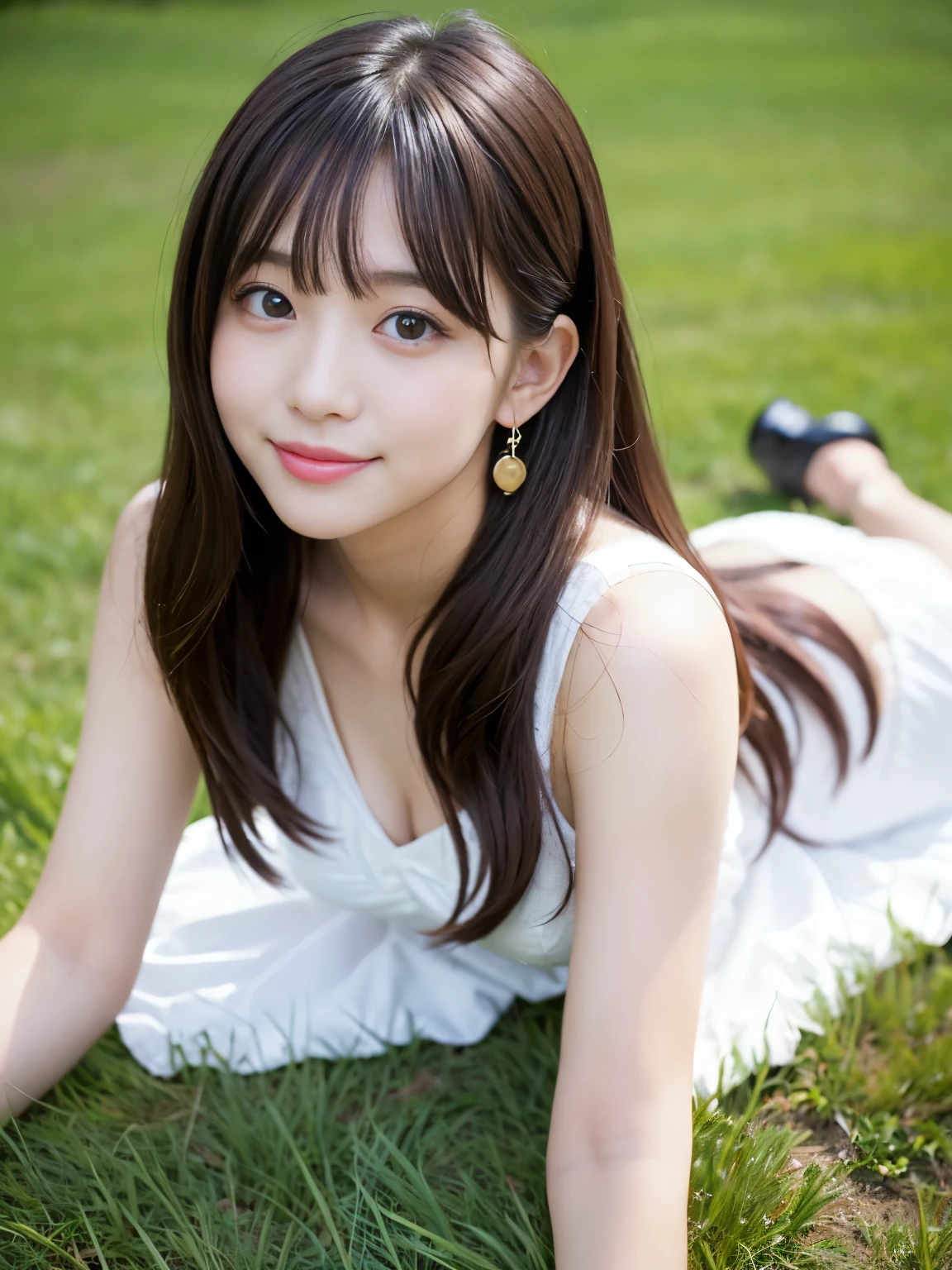 (Best-quality, Masterpiece, Ultra-High-Resolution, (Photorealistic:1.4), Raw Photo, depth of field, professional lighting, perfect anatomy, extremely details), ((front-view)), 1girl, -yeld, thost famous Japanese idol, Sunny day, afternoon, In summer park, (sitting on grass), ((wearing casual-dress with cute-design), (luxurious-panties:0.7)), (extremely cute face like the most popular Japanese idol, (extremely cute and extremely big eyes), extremely beautiful realistic-skins), extremely beautiful hair, extremely cute long-eyelashes, extremely cute lips, extremely beautiful inner-thighs, extremely beautiful knees, looking at viewer, innocent smile