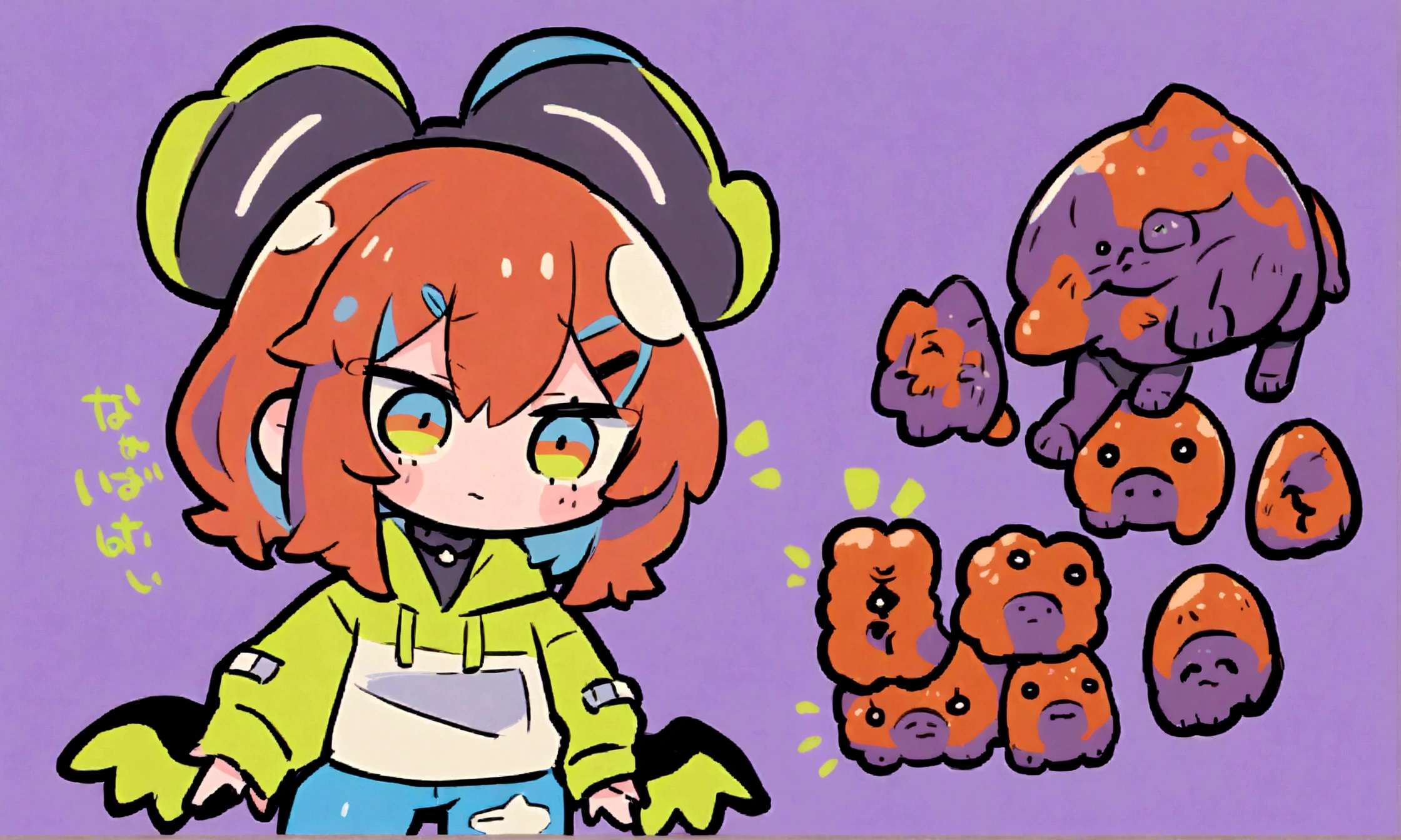 a cute chibi style female with reddish orange hair, wearing a hoodie and jeans, the words "Siimbah" in the backround