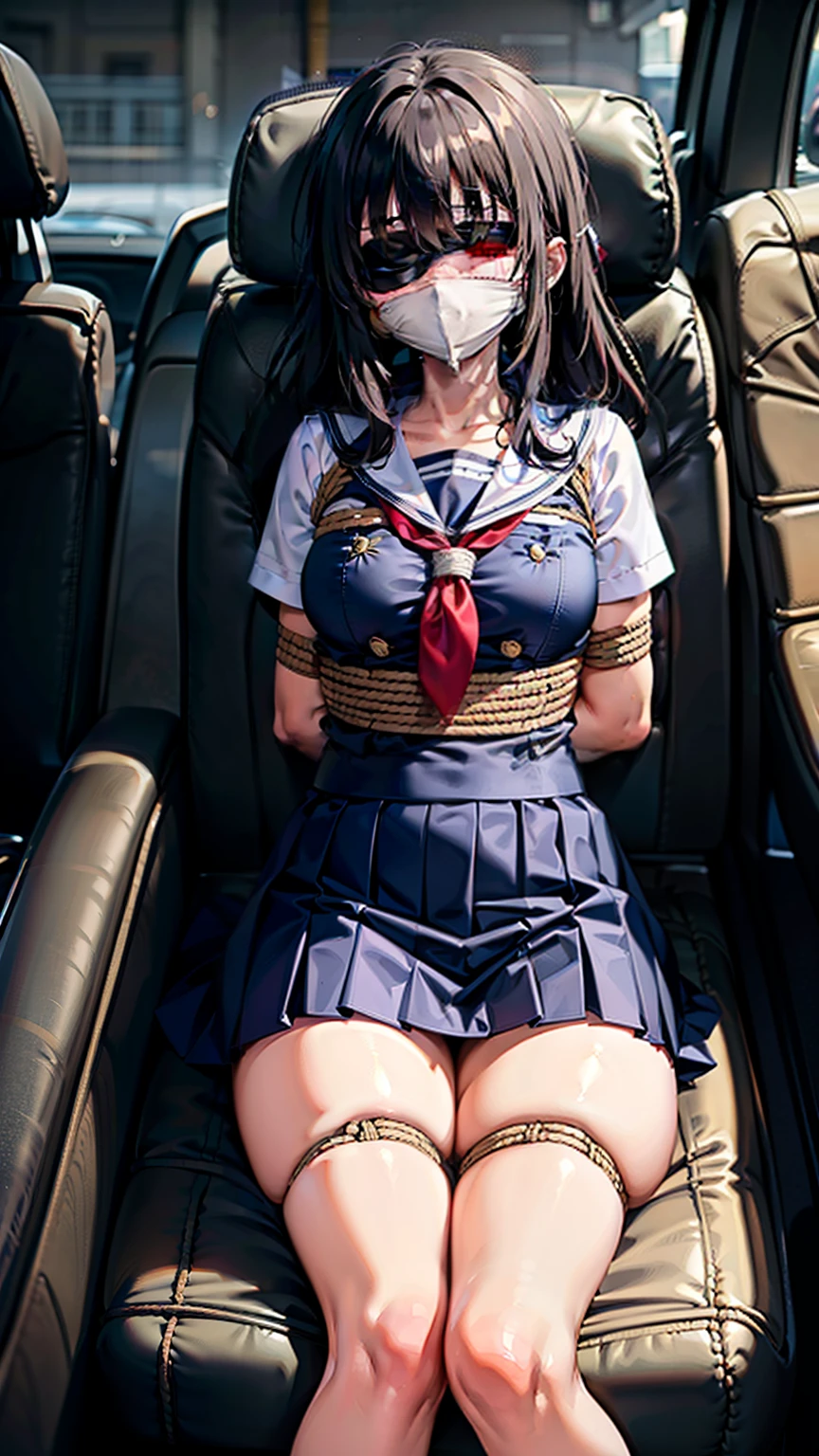 (Highly detailed CG unity 8k), (highest quality)，(very detailed)，(ultra high resolution), 1 female, white cloth gag, uniform, sailor suit, rope bondage, breasts rope bondage, hands back rope bondage, leg rope bondage, thigh rope bondage, bust rope bondage, feet rope bondage, Arms behind the waist, bound wrists, shackles the ankles, gag with a white cloth, Dark blue skirt, In the car, Blindfolded, Legs together, Tie your ankles, Black Hair, high school girl, 