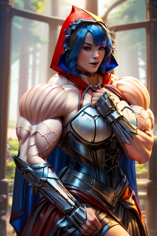 (((Massive, beautiful, pale white skinned, buff, muscular woman with royal blue hair, black lipstick, ginormous bulky muscles and wearing a mechanized red riding hood cosplay with a beautiful long skirt))), {close view}, massive muscles, massive biceps, hyper muscle shoulders, vascular shoulders, hyper muscle triceps, (long wavy curly hair), white eyes, red hood cosplay, corset, long beautiful skirt, chain belt, choker, thigh high heels, (in a forest), fingerless gloves, closed smile, night, hyper vascular arm, hyper muscles arms, hyper muscle legs, massive arms.