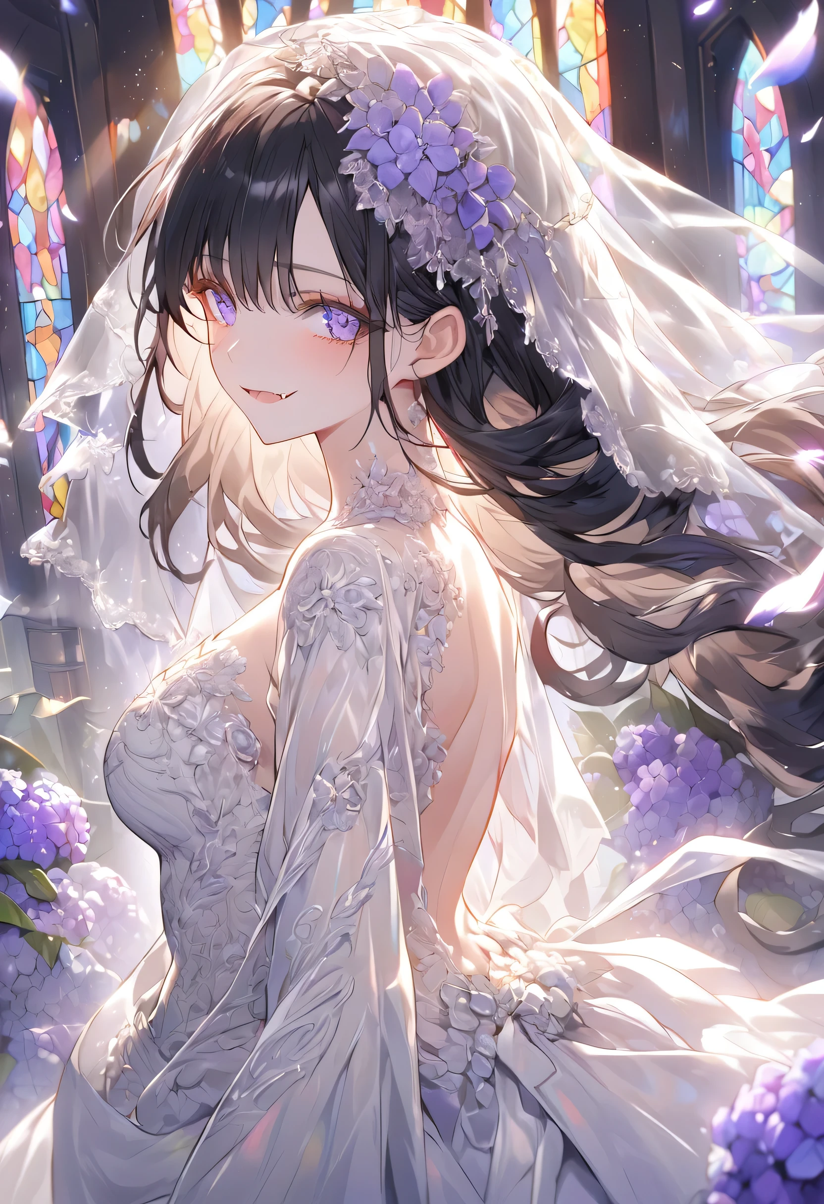 A surreal masterpiece of a bride, adorned in an intricately detailed wedding dress, stands at the center of the frame, her long black hair flowing down her back like a river of night. Her eyes gleam with an absurd intensity, purple irises piercing through thick lashes, as a delicate fang protrudes from her lip. The lace veil cascades down her face, framing her light smile and fluttering in the bright, stained glass-illuminated air. In the background, the church doors swing open, inviting all to witness this kawaii spectacle. Floral accents of Hydrangea and flower petals dance across the scene, as glittering light particles swirl around the bride's ethereal form.