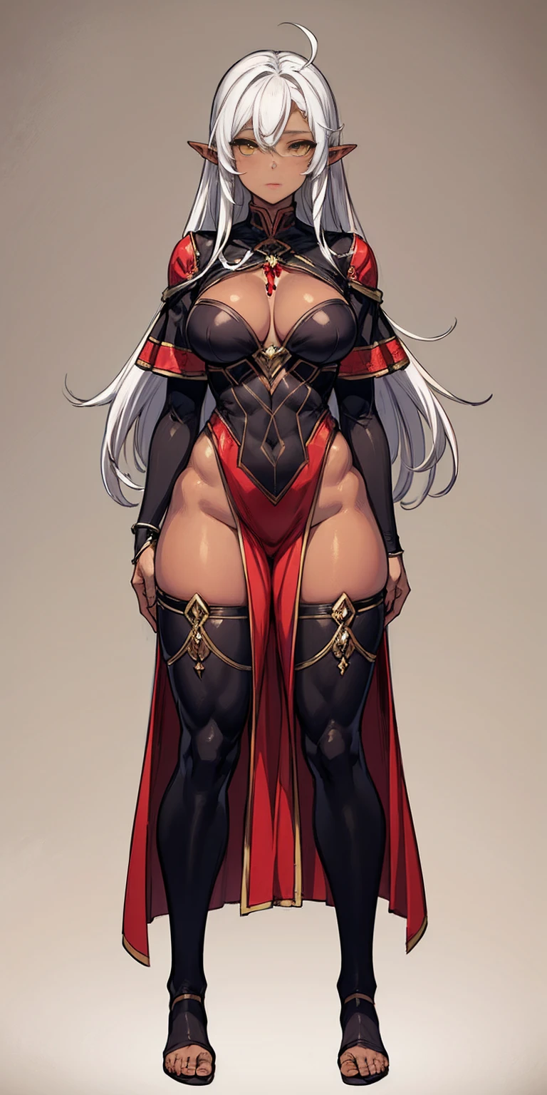 (Masterpiece, plain background:1.2) Female full body, standing straight symmetrical feet together, blood dark elf, dark skin, long messy white hair, circlet, yellow eyes