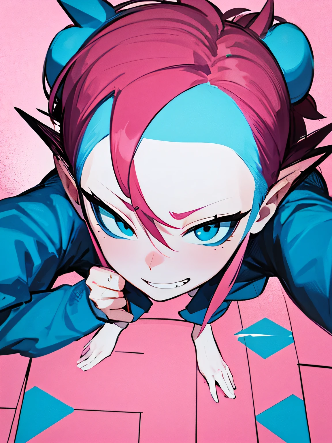 from above:1,solo, lite pink hair, spiky hair, big forehead,long sideburns, male eyes, male nose, male mouth, grin, pastel lite water blue uniform, pink, pastel blue, white polka dot background, cute,Pointing,Crouching,Strangely patterned floor、Mysterious fog、cedar、kaleidoscope