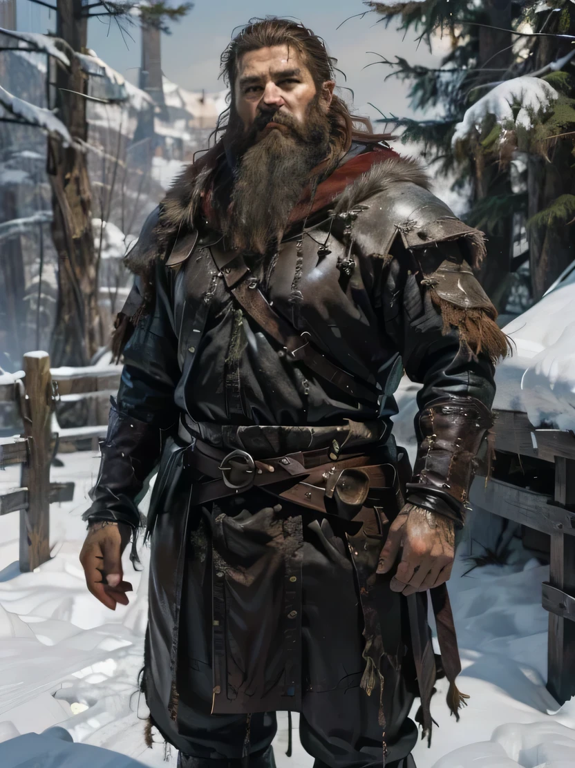 ((masterpiece、highest quality、Very detailed、High resolution、Sharp focus))、The most beautiful dungeons&Dragons artwork、Fantasy Male Dwarf Druid、Short and chubby、Standing barefoot、Bearded、Pointed Ears、Red round nose、Winter coat with leather belt around the waist、Leather pouch、((Holding a double-edged battle axe in his hand))、Mid Shot、background: Midday Sun、sunny、Winter forest、Snow covered ground、wood、Detailed hand drawing、oil painting、holding axe