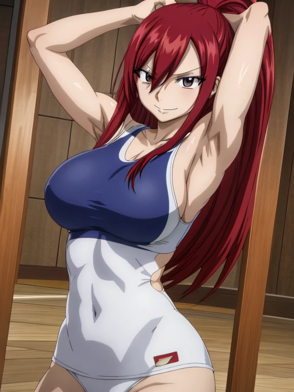 masterpiece, best quality, highres, anime style, anime official art,fairy tail, 1girl, long hair, red hair, messy hair, hair over one eye, brown eyes, seductive smile, large breasts, wearing volleyball jersey, no bra, cowboy shot, indoors, arms up,armpits, armpits visible, sixpack, abs