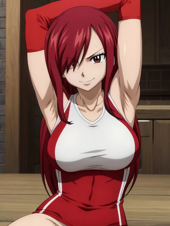 masterpiece, best quality, highres, anime style, anime official art,fairy tail, 1girl, long hair, red hair, messy hair, hair over one eye, brown eyes, seductive smile, large breasts, wearing volleyball jersey, no bra, cowboy shot, indoors, arms up,armpits, armpits visible, sixpack, abs