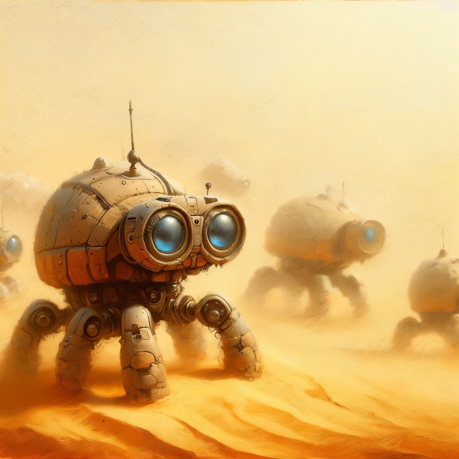 cute short sand covered dusty but shiny robot beetles, close up in a dusty sand desert, oil, cactus and rock background, dusty skies, wispy peach-colored clouds, in the style of Leonardo Da Vinci