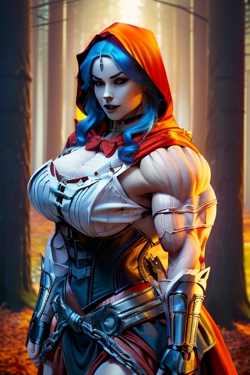 (((Massive, beautiful, pale white skinned, buff, muscular woman with royal blue hair, black lipstick, ginormous bulky muscles and wearing a mechanized red riding hood cosplay with a beautiful long skirt))), {close view}, massive muscles, massive biceps, hyper muscle shoulders, vascular shoulders, hyper muscle triceps, (long wavy curly hair), white eyes, red hood cosplay, corset, long beautiful skirt, chain belt, choker, thigh high heels, (in a forest), fingerless gloves, closed smile, night, hyper vascular arm, hyper muscles arms, hyper muscle legs, massive arms.