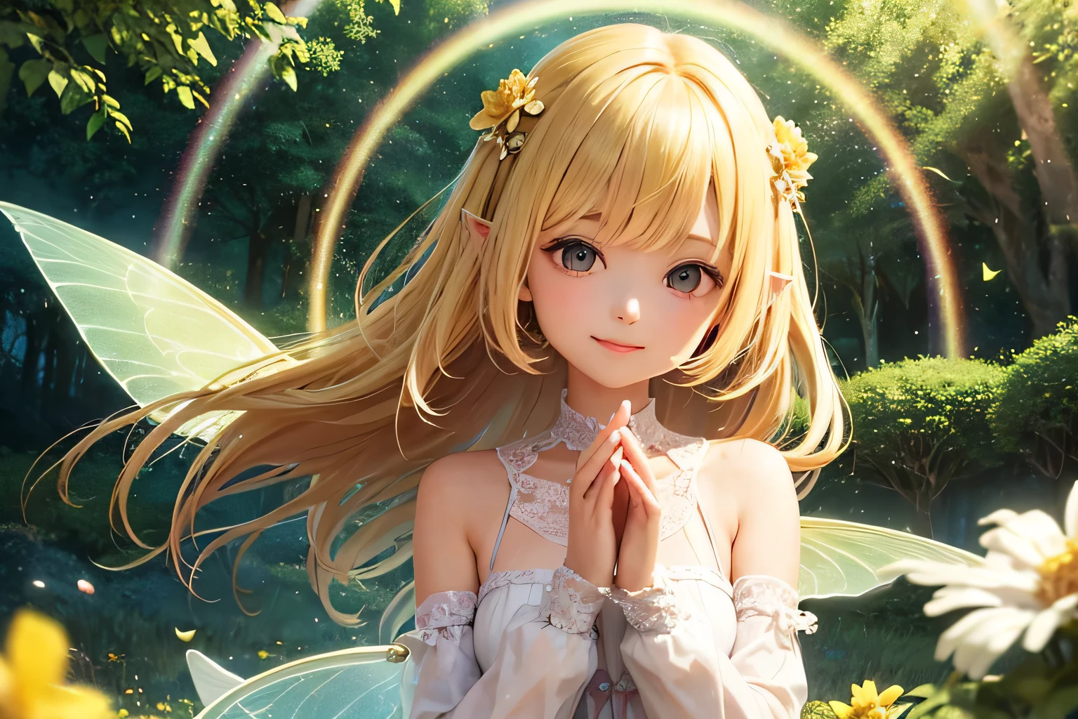 Top quality masterpiece, Highest quality and official artistic standards, Featuring beautiful and visually stunning fairy girls:1.3. This piece is very ingenious, rich in color, Exquisitely crafted down to the last detail, Vibrant, Vibrant, A unique visual experience. Optical blending technology brings playful patterns,Add depth to your artwork。, Enhances overall texture and color richness,Close-up portrait, Beautiful fairy, Cute Smile, alone,One Fairy, Surrounded by flowers,Smiling Fairy,Droopy eyes,Transparent winged fairy,Fairy Wings,Fairy Wings,Elegance, Flower Hair Ornaments,Flower wreath,Pink color matching,Young Fairy,Energetic Fairy,Smiling Fairy,Smiling Fairy,Half Shot,Western-style blouse,Bob Hair,Beauty,1 Fairy,Delicate and high resolution,Precise,Light Blue Null,Bright Forest,Flare,慈like,mercy,like,happiness,Divine,Fluffy clothes,Lustrous skin,Clear skin,White skin,Thin eyebrows,Bright blonde hair,rainbow,Silky Hair,Shiny and delicate hair,A realistic fairy,Young,young,pastel colour,null,Top view,Wide-open eyes,Cheerful girl,Long sleeve blouse,ta,Kind Face,White blouse,Drooping eyes,Bright pink clothes,Wavy hair blowing in the wind,Short Bob Hair,pastel colourの髪,A background full of dreams and hopes,noon,Light of the sun,rainbow,Rainbow colored hair,Praying Fairy,praying,Flower Fairy,Flower Garden,Flower Field,Round eyes