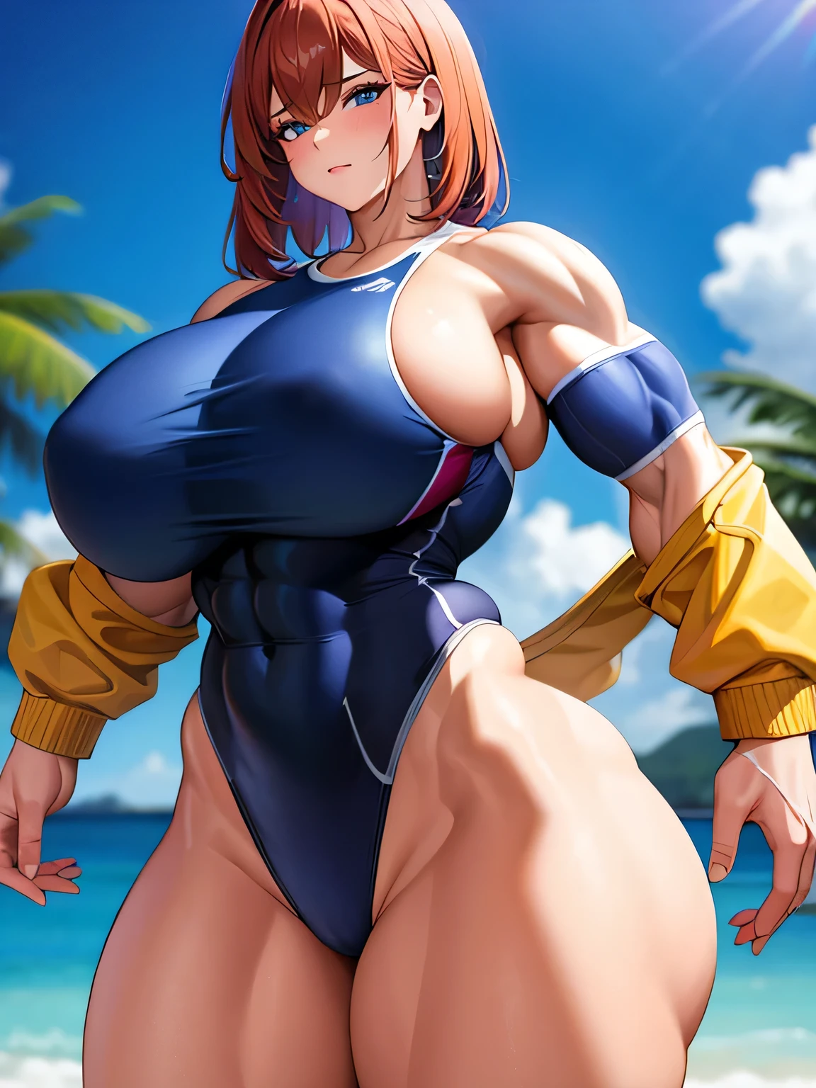 (1woman), masterpiece, best quality, extremely detailed, muscular, muscular female, thick upper arms, biceps, abs, obliques, thick thighs, thigh muscle, (((huge breasts))), school swimsuit