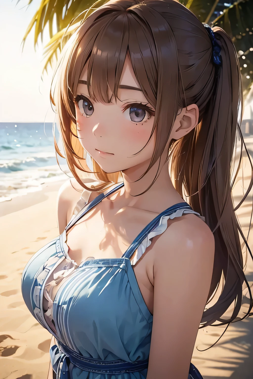 (8k, masterpiece), ultra high resolution, (realistic, photo-realistic), Mary II, Queen of England, swimsuit, in the beach, giving a cute and sexy smile, delicate face, detailed skin, realistic skin details, visible pores,