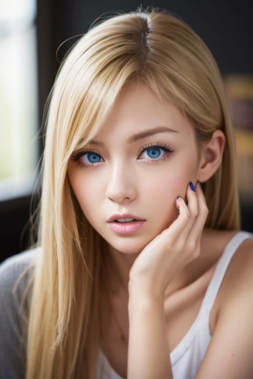 Caucasian、female、Blonde、Painful expression、Hold your mouth with your hand