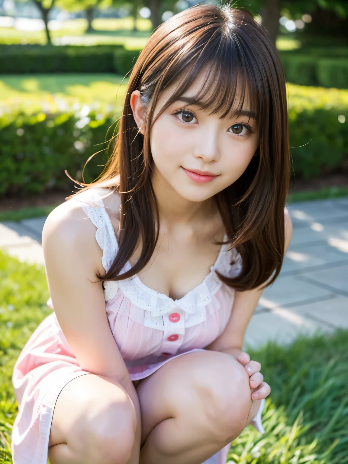 (Best-quality, Masterpiece, Ultra-High-Resolution, (Photorealistic:1.4), Raw Photo, depth of field, professional lighting, perfect anatomy, extremely details), ((front-view)), 1girl, 15-years-old, the most famous Japanese idol, Sunny day, afternoon, In summer park, (squatting on grass), ((wearing casual-dress with cute-design), (detailed crotch that wearing luxurious-panties:0.7)), (extremely cute face like the most popular Japanese idol, (extremely cute and extremely big eyes), extremely beautiful realistic-skins), extremely beautiful hair, extremely cute long-eyelashes, extremely cute lips, extremely beautiful inner-thighs, extremely beautiful knees, looking at viewer, innocent smile