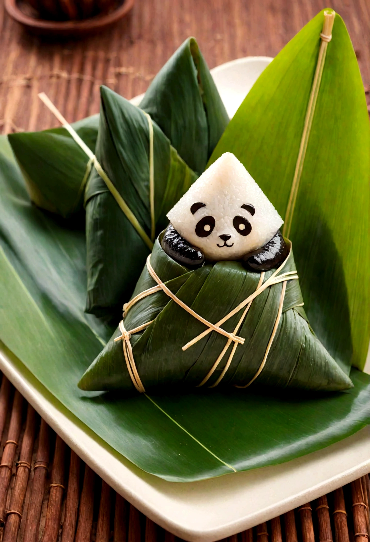  panda-shaped zongzi, made of glutinous rice,Clearly separated， has a cute expression, the lower half of the body is wrapped in tapered leaves, the head sticking out of the leaves, equidistant, cartoon-style, Macro Lens, studio light, nature, soft lighting, film grain, cowboy shot, epiCPhoto