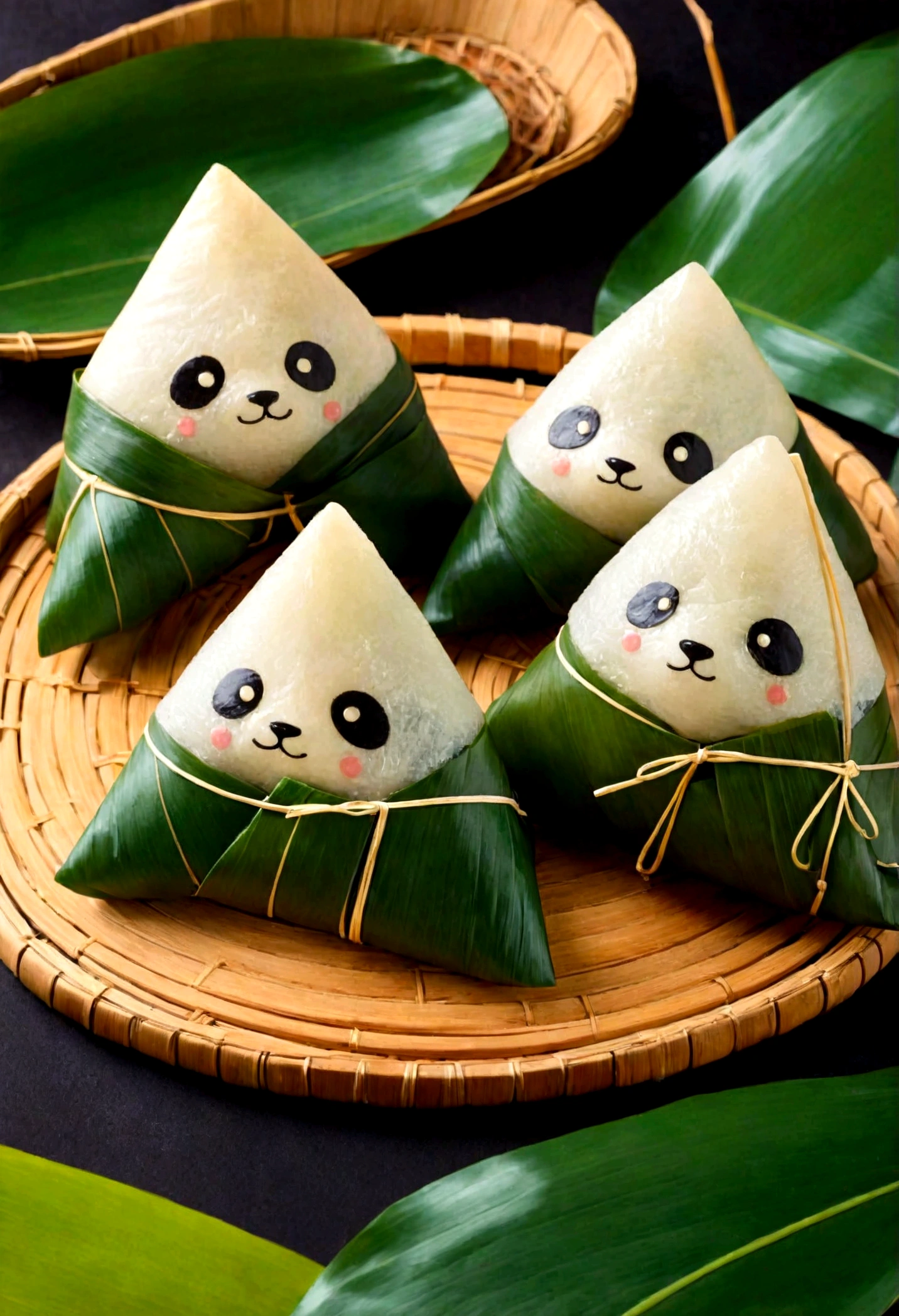  panda-shaped zongzi, made of glutinous rice,Clearly separated， has a cute expression, the lower half of the body is wrapped in tapered leaves, the head sticking out of the leaves, equidistant, cartoon-style, Macro Lens, studio light, nature, soft lighting, film grain, cowboy shot, epiCPhoto