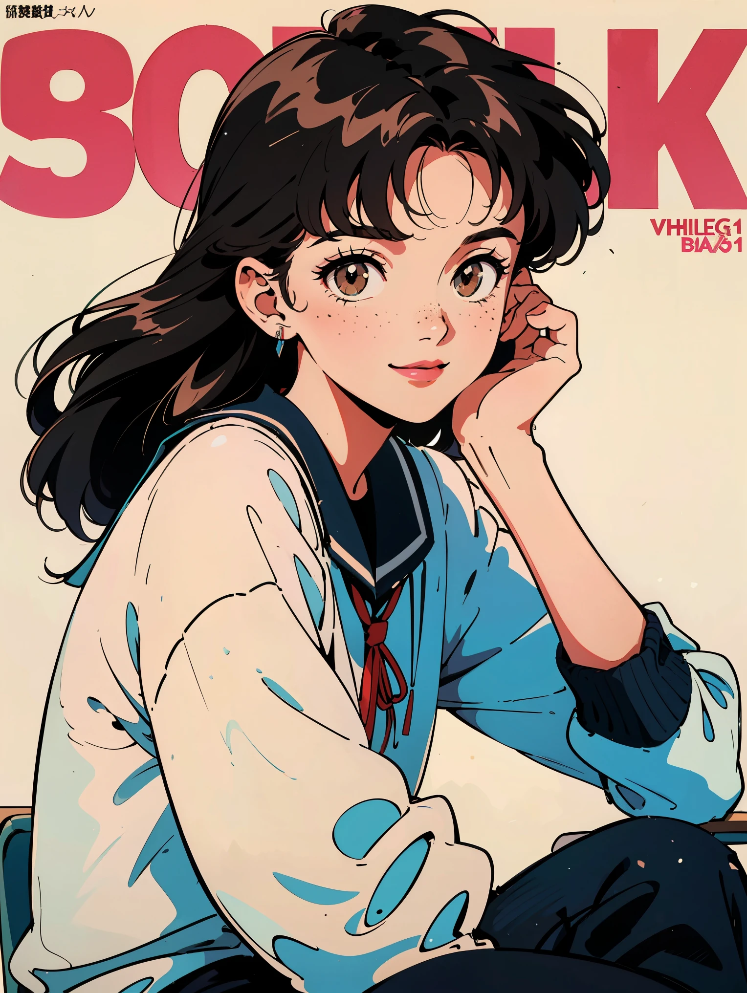 the highest quality, 8k, 1980s style, 21 year old girl, black hair, long hair, light brown eyes, skin white as snow, freckles on cheeks,  wearing 1980s clothes , White background, magazine cover style, whole body, sitting on a school chair, smiling, 