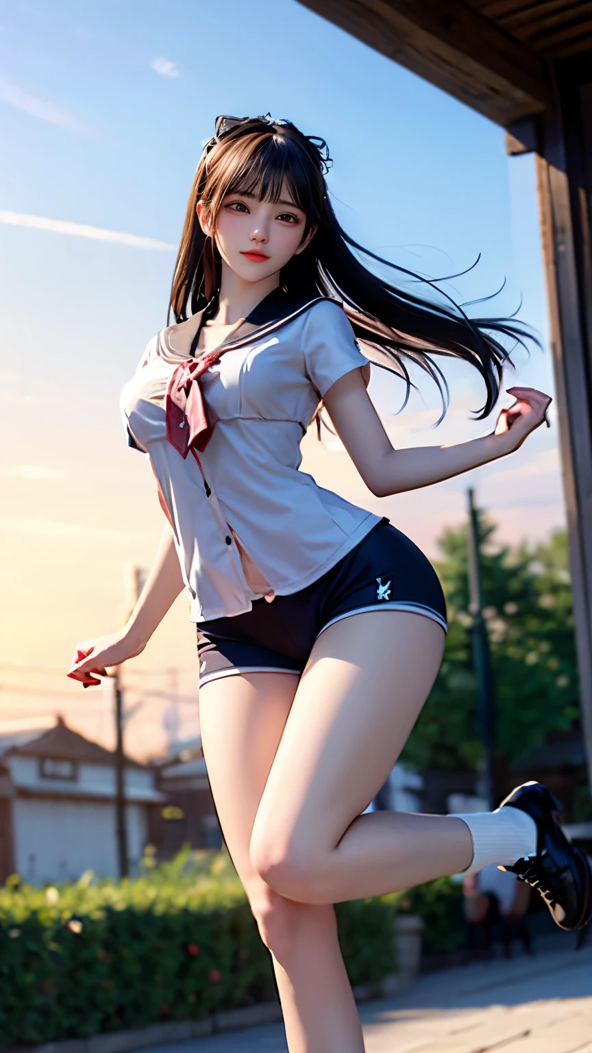 （Very delicate and beautiful：1.2）super model,,Big Breasts,Beautiful breasts,voluptuous,【bike shorts】,,【3girls】,,highest quality, High resolution, 8K,Sailor suit,Kick in a hurry