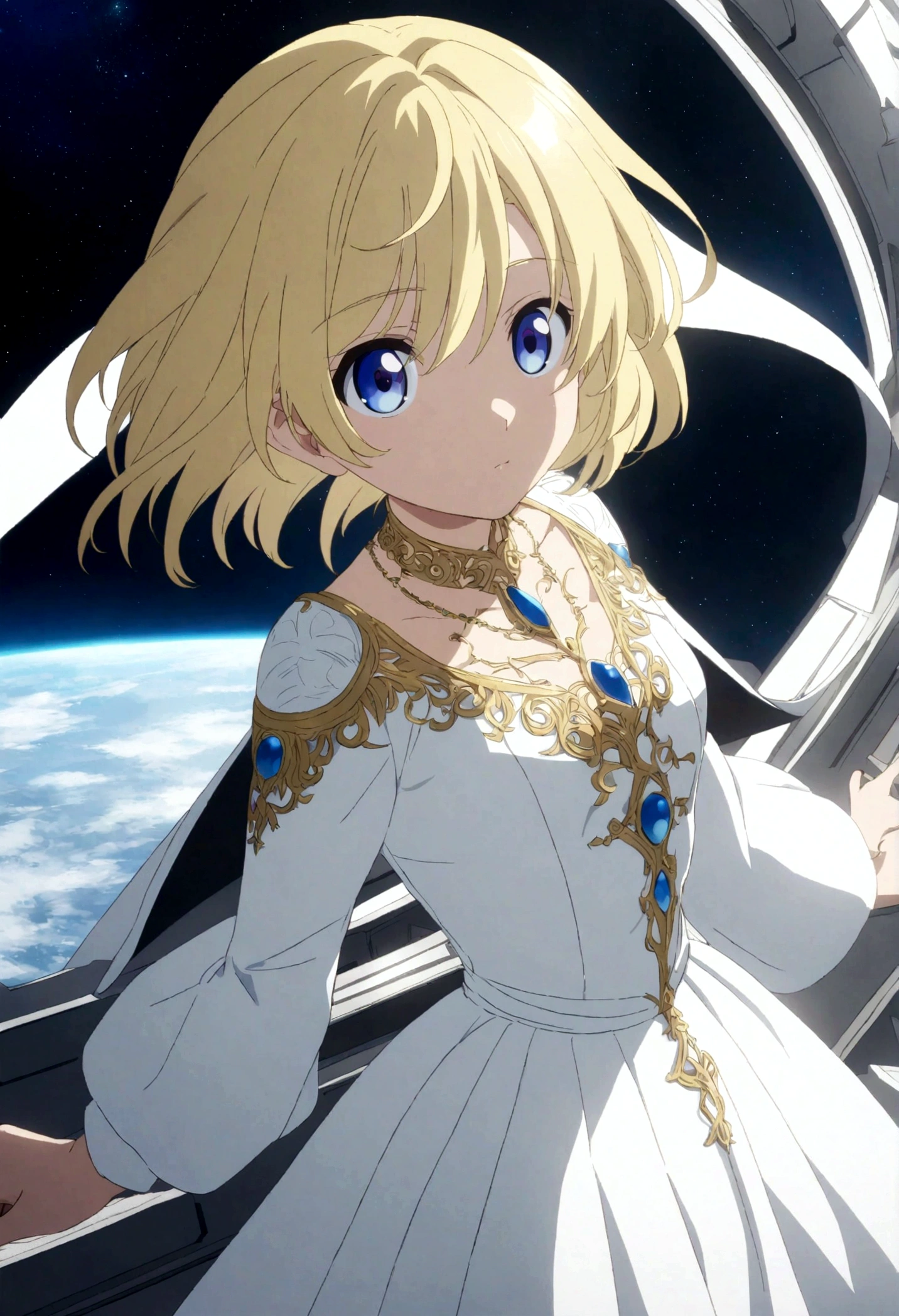 Young blonde anime, Aesthetic body, Dark blue eyes, Wearing white clothes with blue details, On a spaceship, With gold necklace