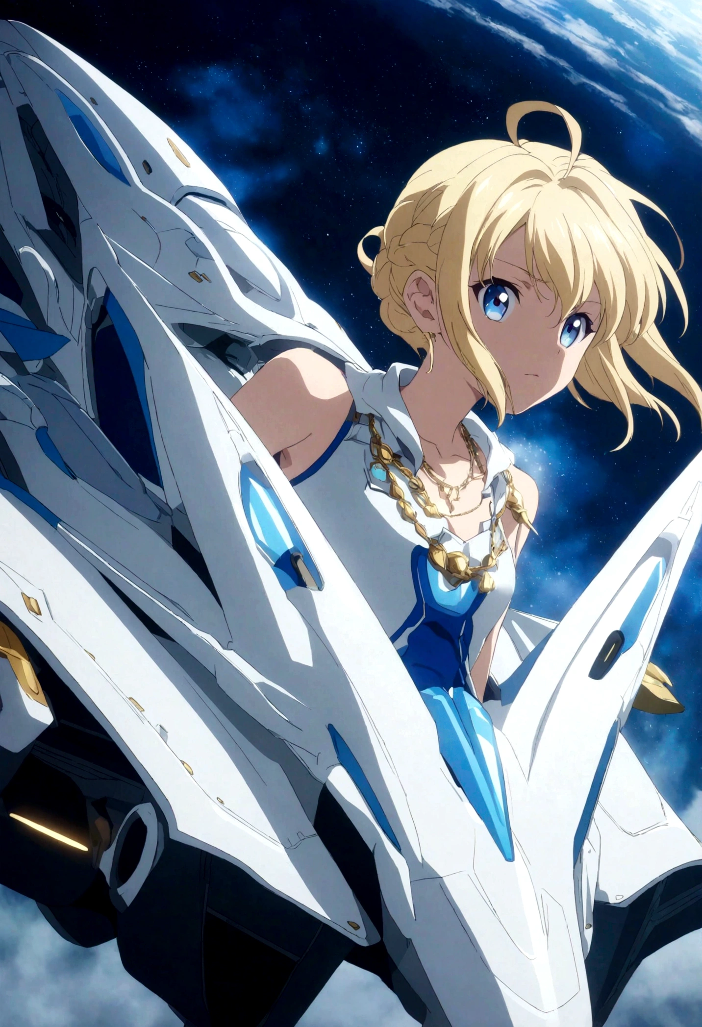 Young blonde anime, Aesthetic body, Dark blue eyes, Wearing white clothes with blue details, On a spaceship, With gold necklace