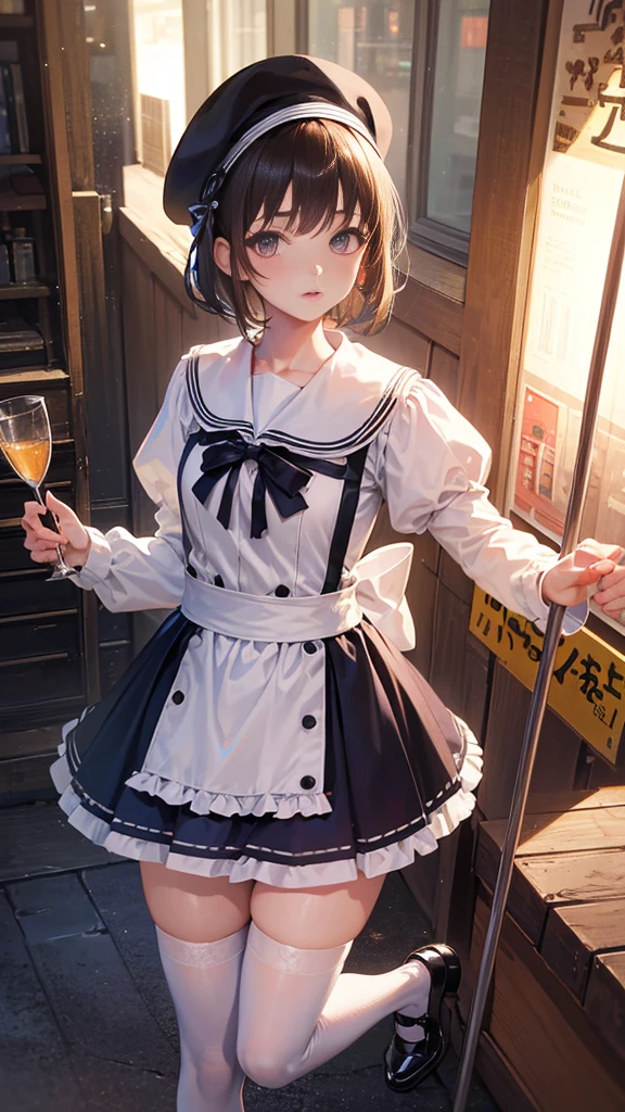 (best quality,4k,8k,highres,masterpiece:1.2),ultra-detailed,(realistic,photorealistic,photo-realistic:1.37),1girl,iwanaga kotoko,beret,black bow,blue skirt,bow,brown footwear,cane,dress,hair bow,hat,holding,holding cane,juliet sleeves,light brown hair,long sleeves,looking at viewer,petticoat,puffy sleeves,purple eyes,short hair,skirt,solo,thigh strap,thighhighs,white dress,white headwear,white thighhighs,kyokou suiri,