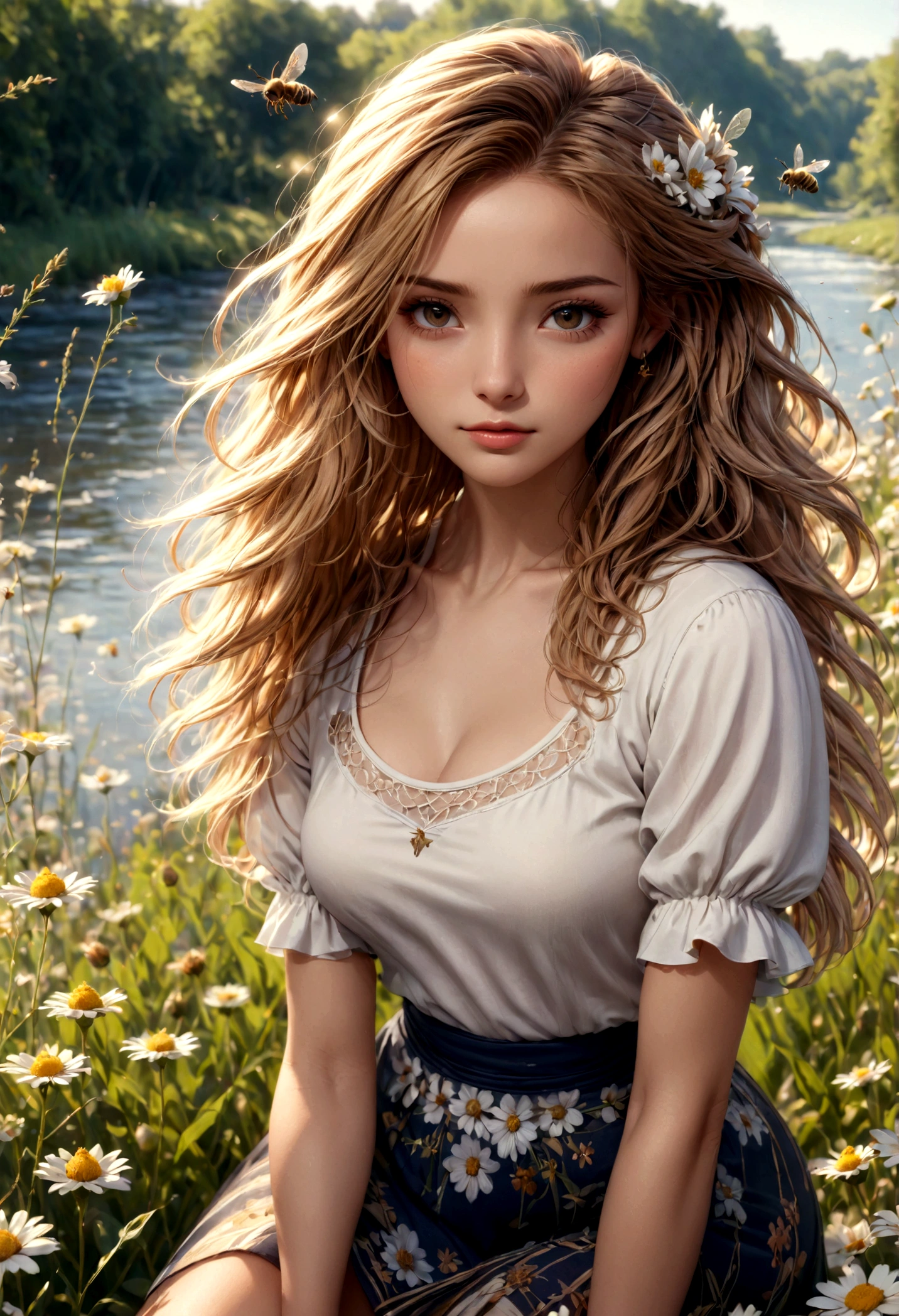 Honey Bee Girl, Photorealistic, full body photo, detailed facial features, subtle skin tones, HD, 8k, ultra high resolution, exquisite details, ultra realistic, Fresh breeze, fluttering hair and mini skirt, Flower field by the river
