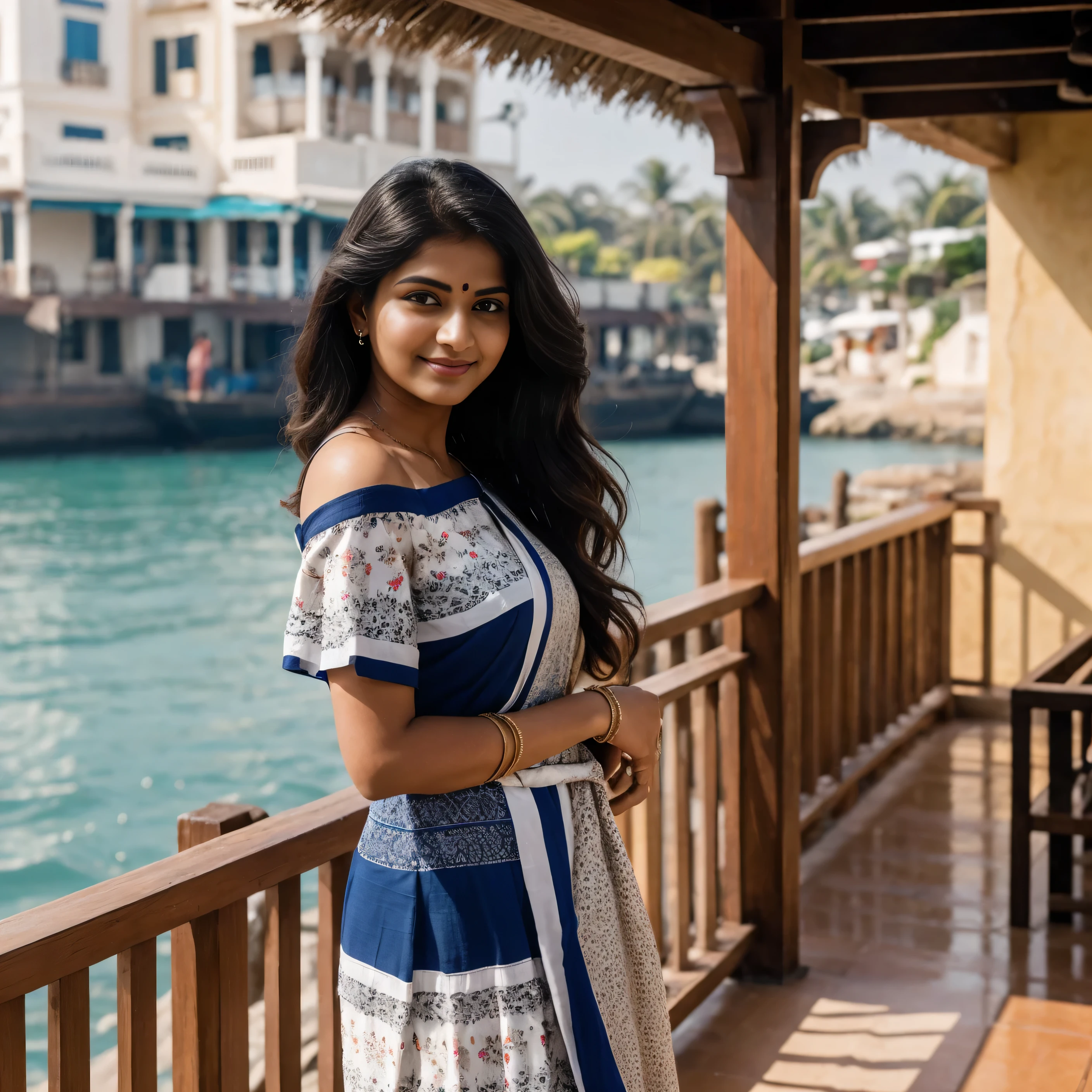 A charming Indian woman of incomparable beauty is captured in a full-body shot. Her soft dimples and realistic expression lines add authenticity to her look. The sun's rays illuminate her skin, highlighting her beauty. She is wearing professional dress, looking gorgeous. She is enjoying seafood in India, near the ocean. To capture this extraordinary scene, a high-resolution camera such as the Phase One XF IQ4 150MP is required. The lighting is diffused and natural, minimizing harsh shadows. The camera settings include a medium aperture, adjusted shutter speed, and a high-quality wide-angle lens with a focal length of approximately 35mm to capture the entire scene in an immersive way. Sharp, precise details are captured, from her wavy hair to the complex patterns of her clothing, ensuring a natural and stunning image.