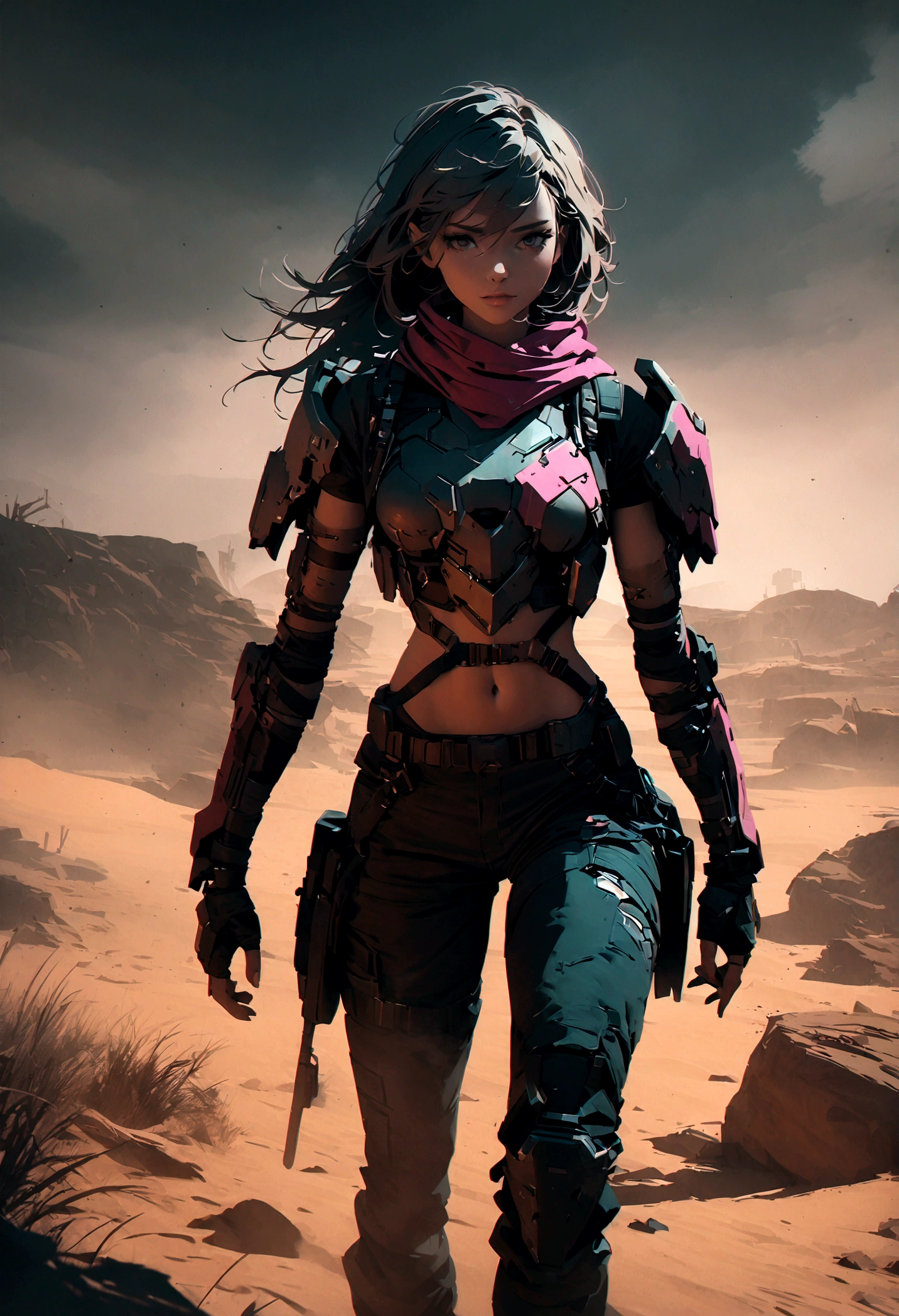 a post-apocalyptic female warrior, detailed cyberpunk armor, scifi weapon, gritty desert environment, dramatic lighting, highly detailed, cinematic composition, moody color palette, (best quality,4k,8k,highres,masterpiece:1.2),ultra-detailed